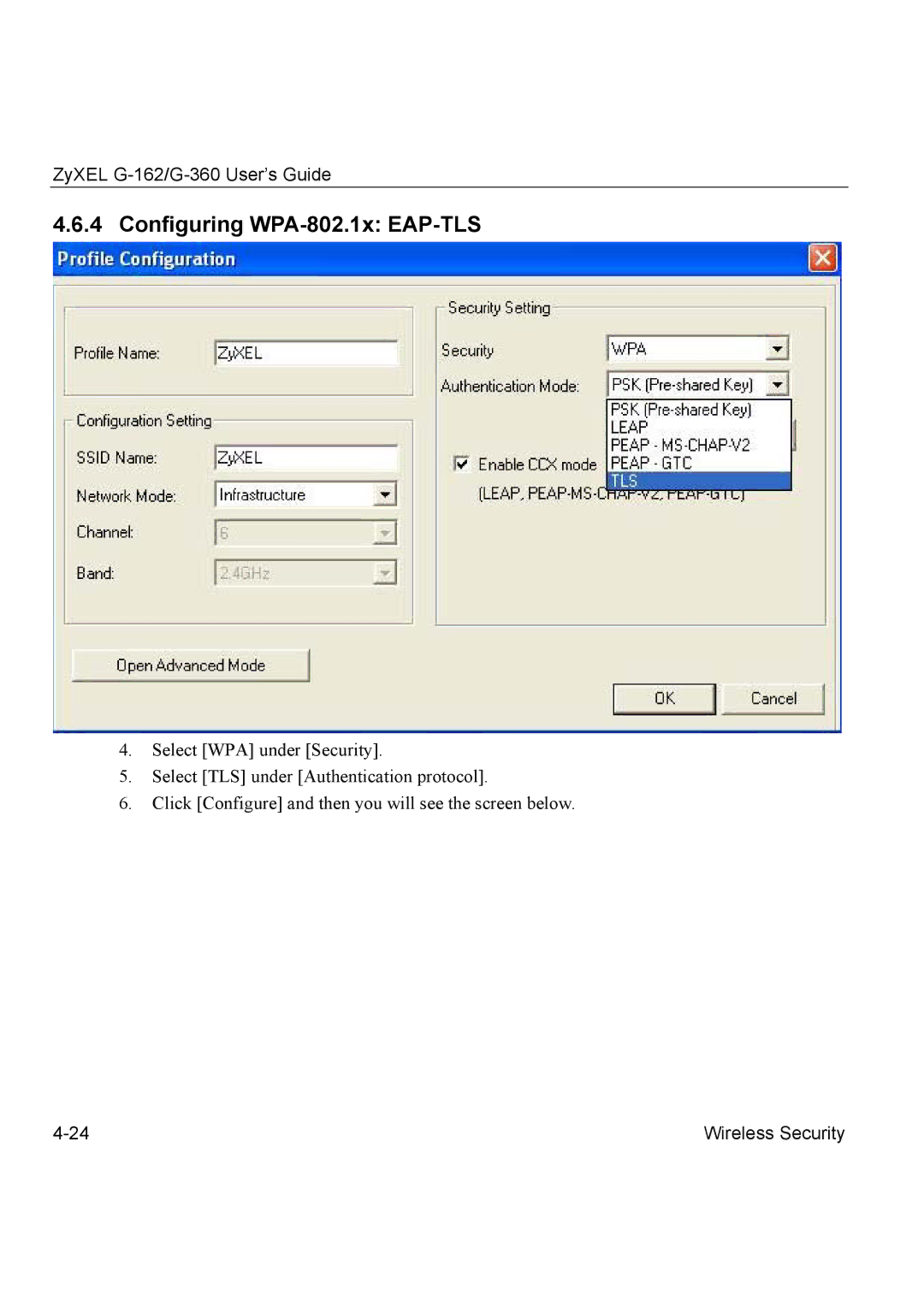 ZyXEL Communications G-360, G-162 manual Configuring WPA-802.1x EAP-TLS 