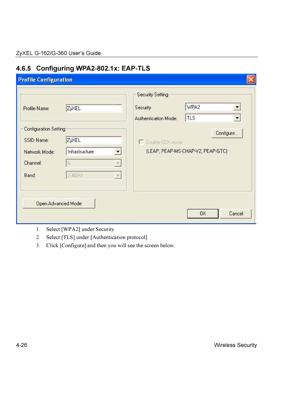 ZyXEL Communications G-360, G-162 manual Configuring WPA2-802.1x EAP-TLS 