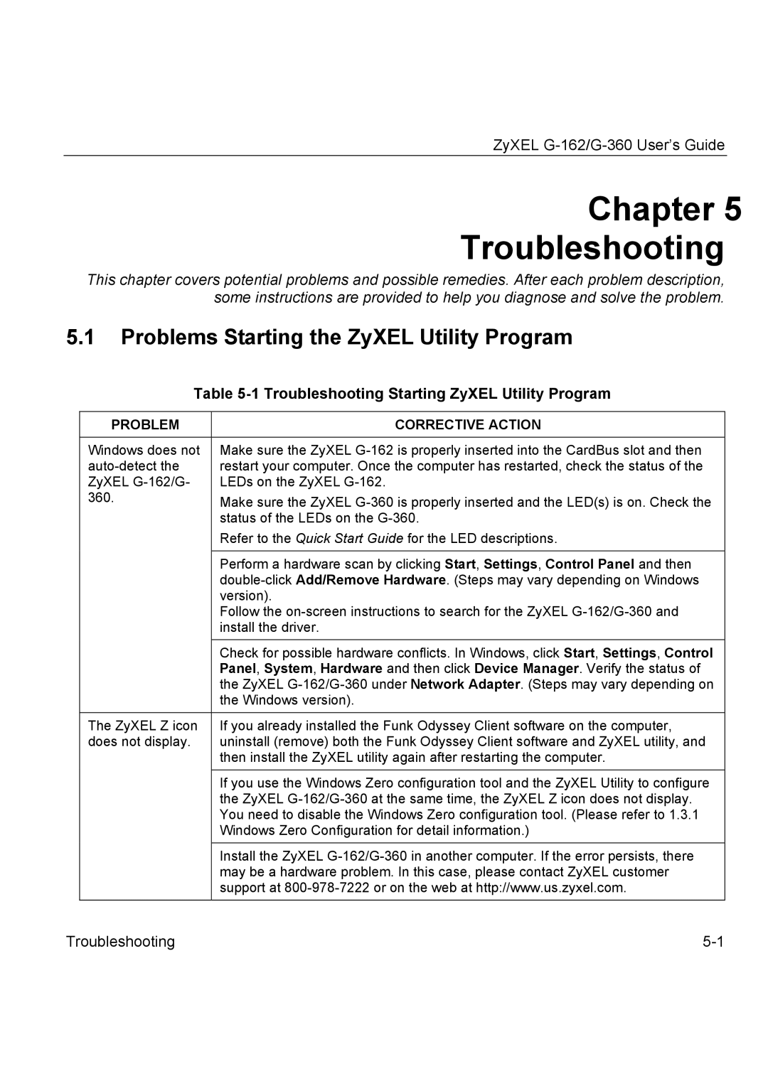 ZyXEL Communications G-162 Problems Starting the ZyXEL Utility Program, Troubleshooting Starting ZyXEL Utility Program 