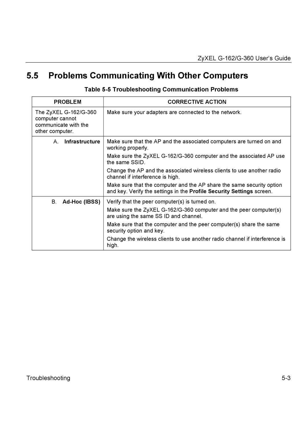 ZyXEL Communications G-162, G-360 manual Problems Communicating With Other Computers, Troubleshooting Communication Problems 