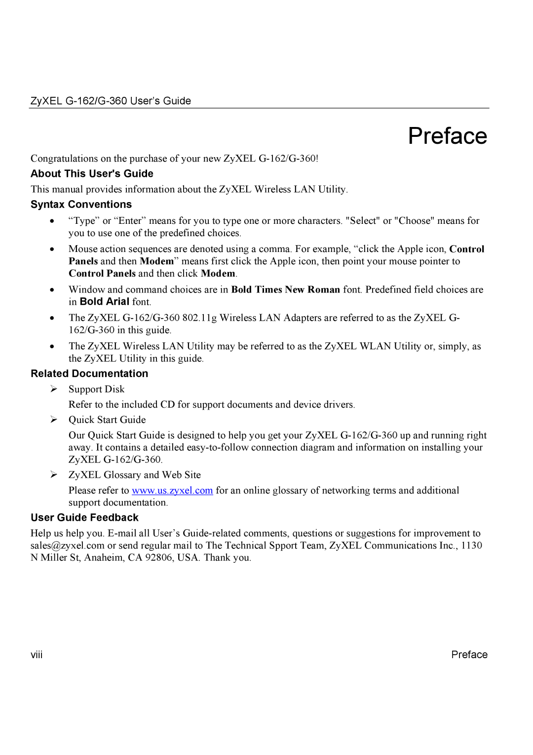 ZyXEL Communications G-360, G-162 About This Users Guide, Syntax Conventions, Related Documentation, User Guide Feedback 