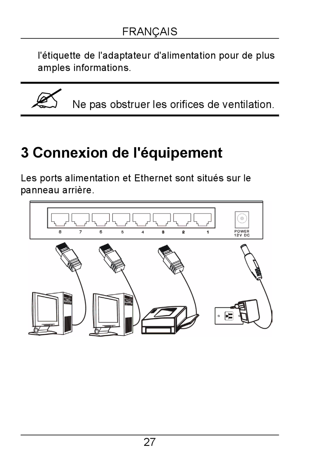 ZyXEL Communications GS-105B/108B manual Connexion de léquipement, Français 