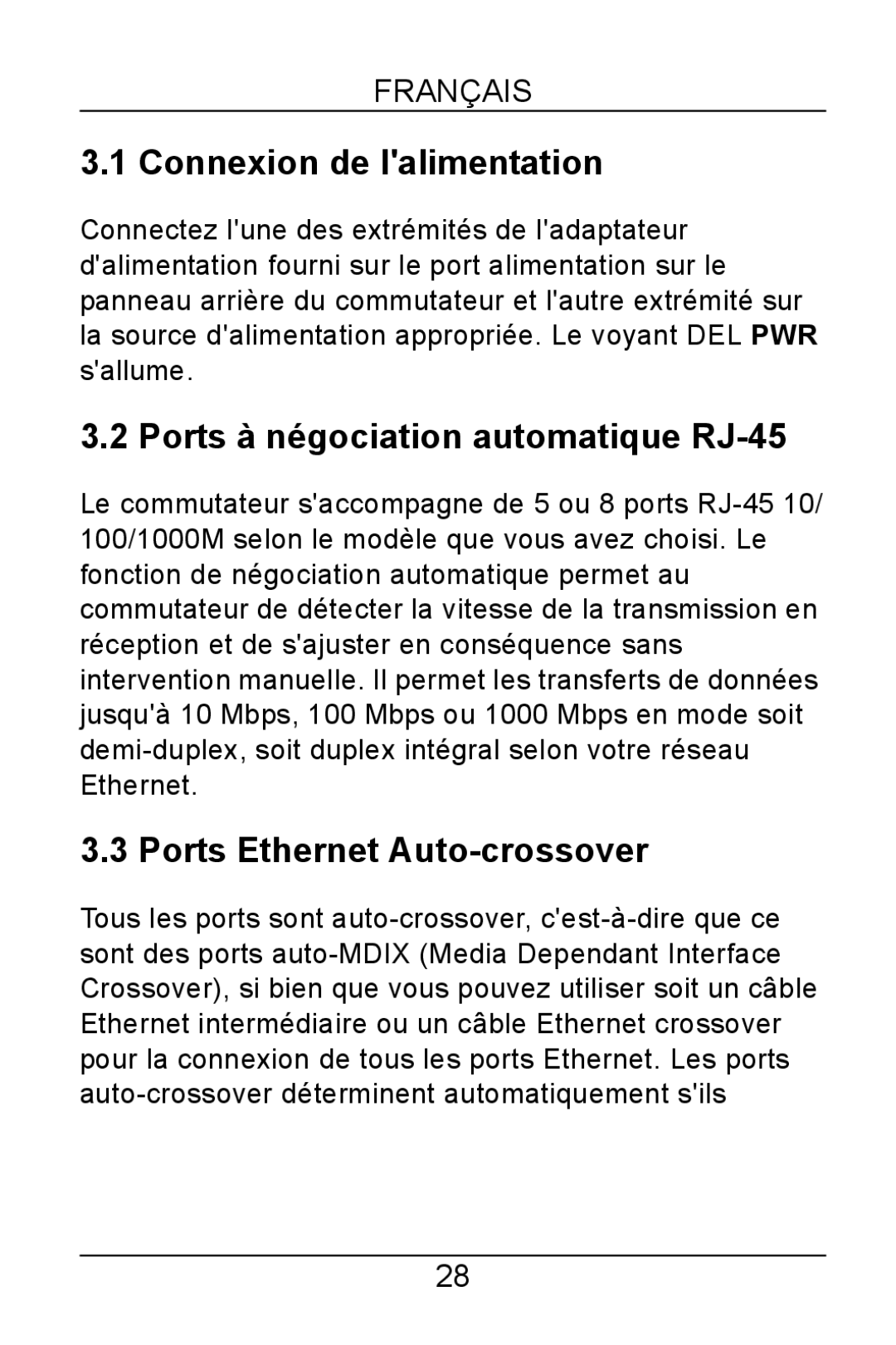 ZyXEL Communications GS-105B/108B manual Connexion de lalimentation, Ports à négociation automatique RJ-45 