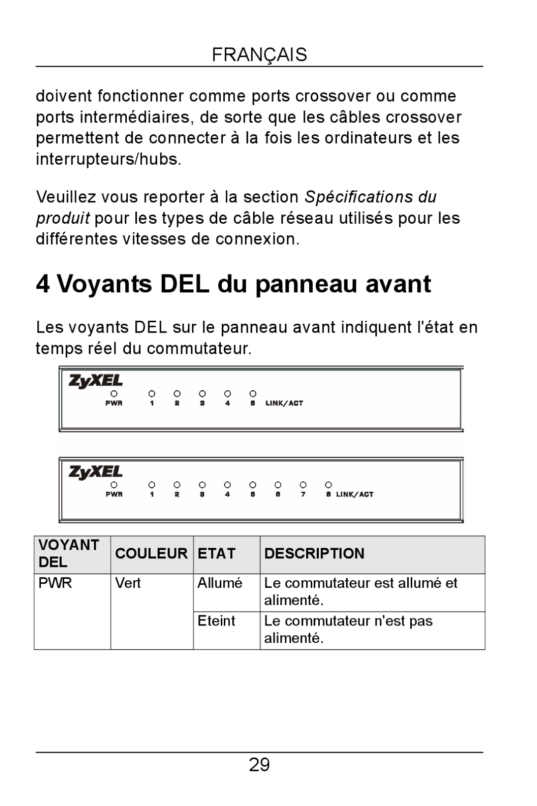 ZyXEL Communications GS-105B/108B manual Voyants DEL du panneau avant 