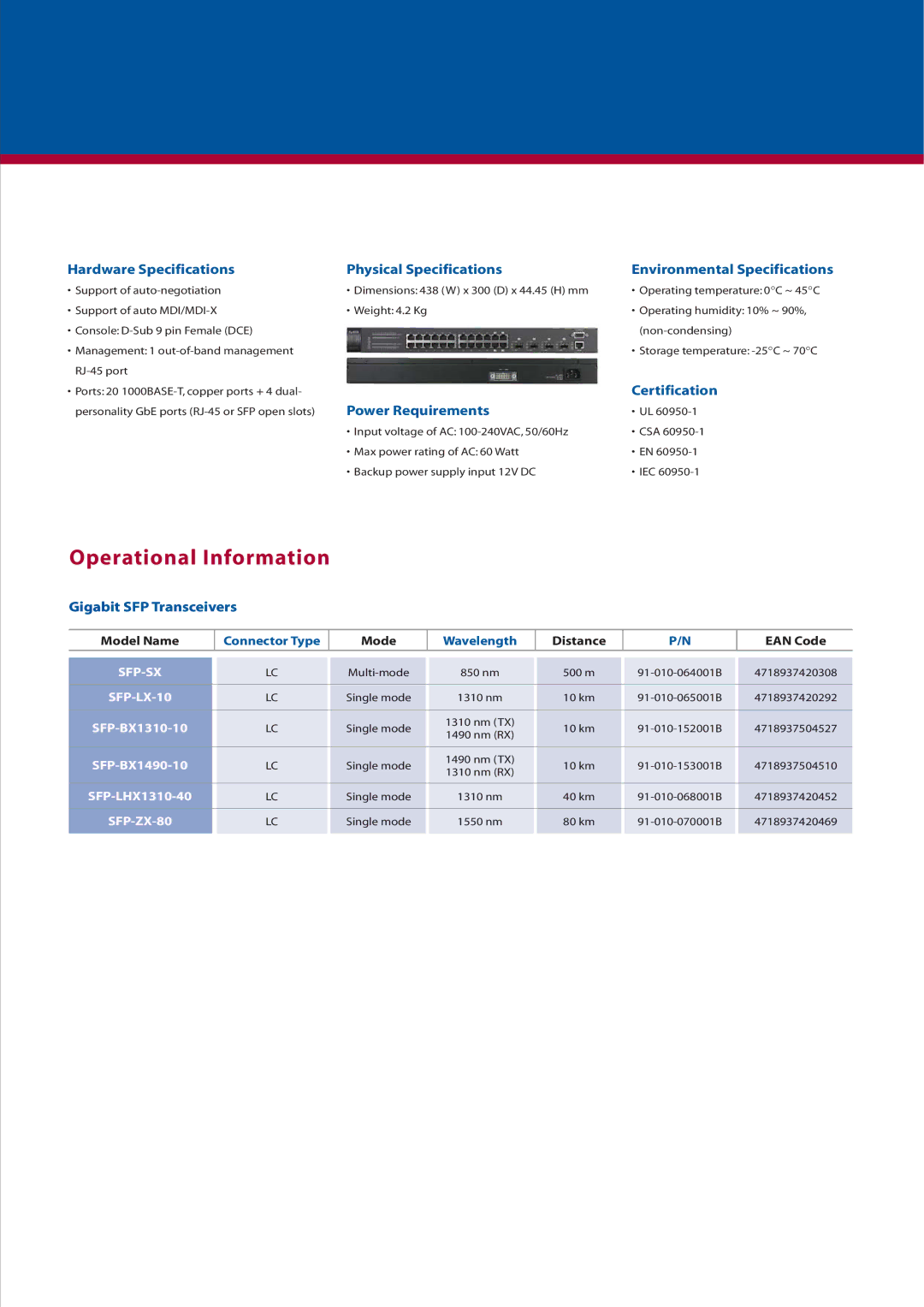 ZyXEL Communications GS-2724 manual Operational Information, Certification, Power Requirements, Gigabit SFP Transceivers 