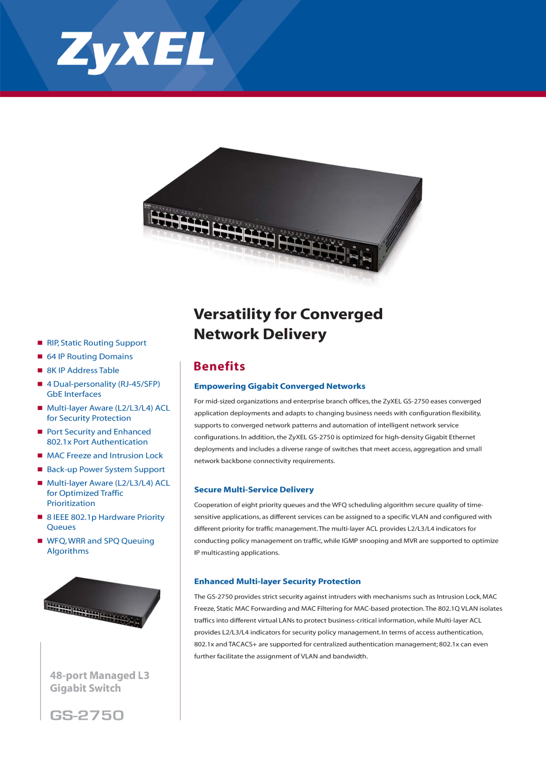 ZyXEL Communications GS-2750 manual Empowering Gigabit Converged Networks, Secure Multi-Service Delivery 