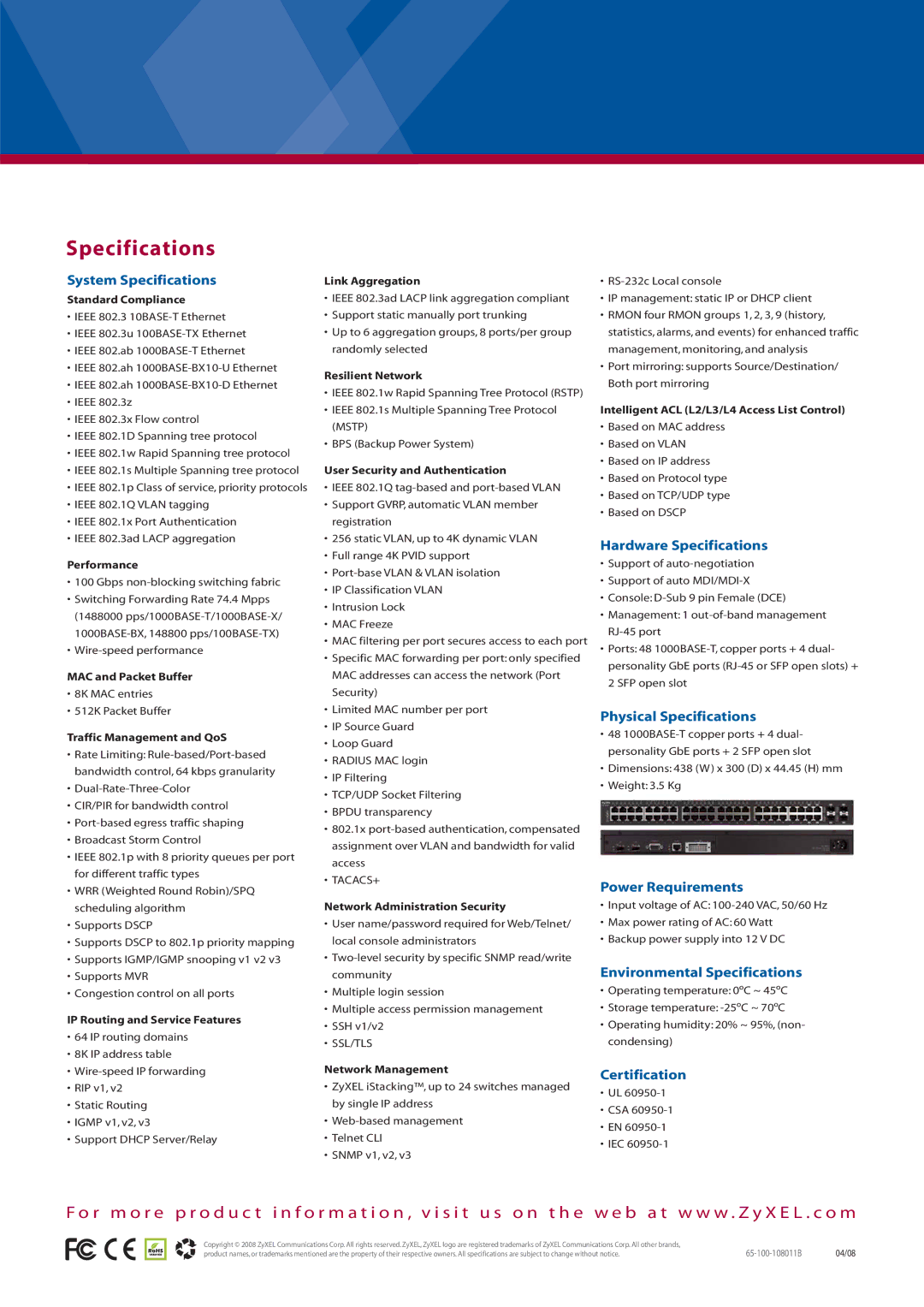 ZyXEL Communications GS-2750 System Specifications, Hardware Specifications, Physical Specifications, Power Requirements 