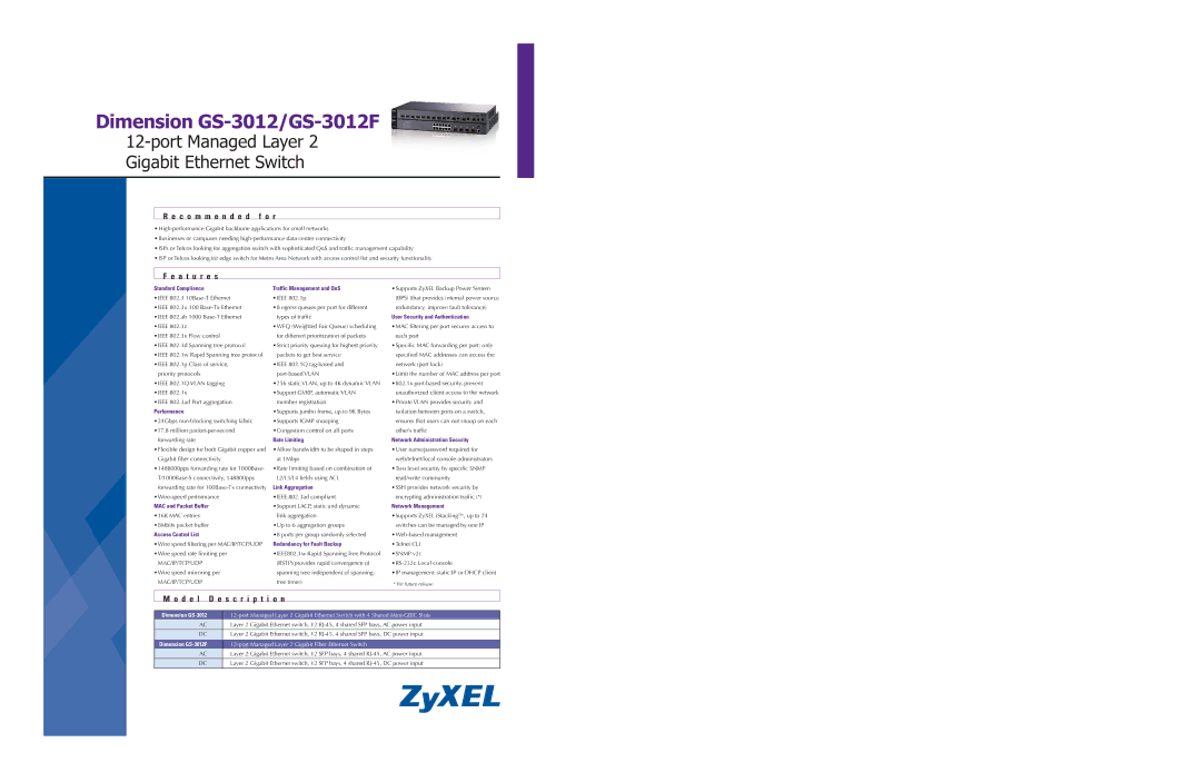 ZyXEL Communications GS-3012F specifications C o m m e n d e d f o r, A t u r e s, D e l D e s c r i p t i o n 