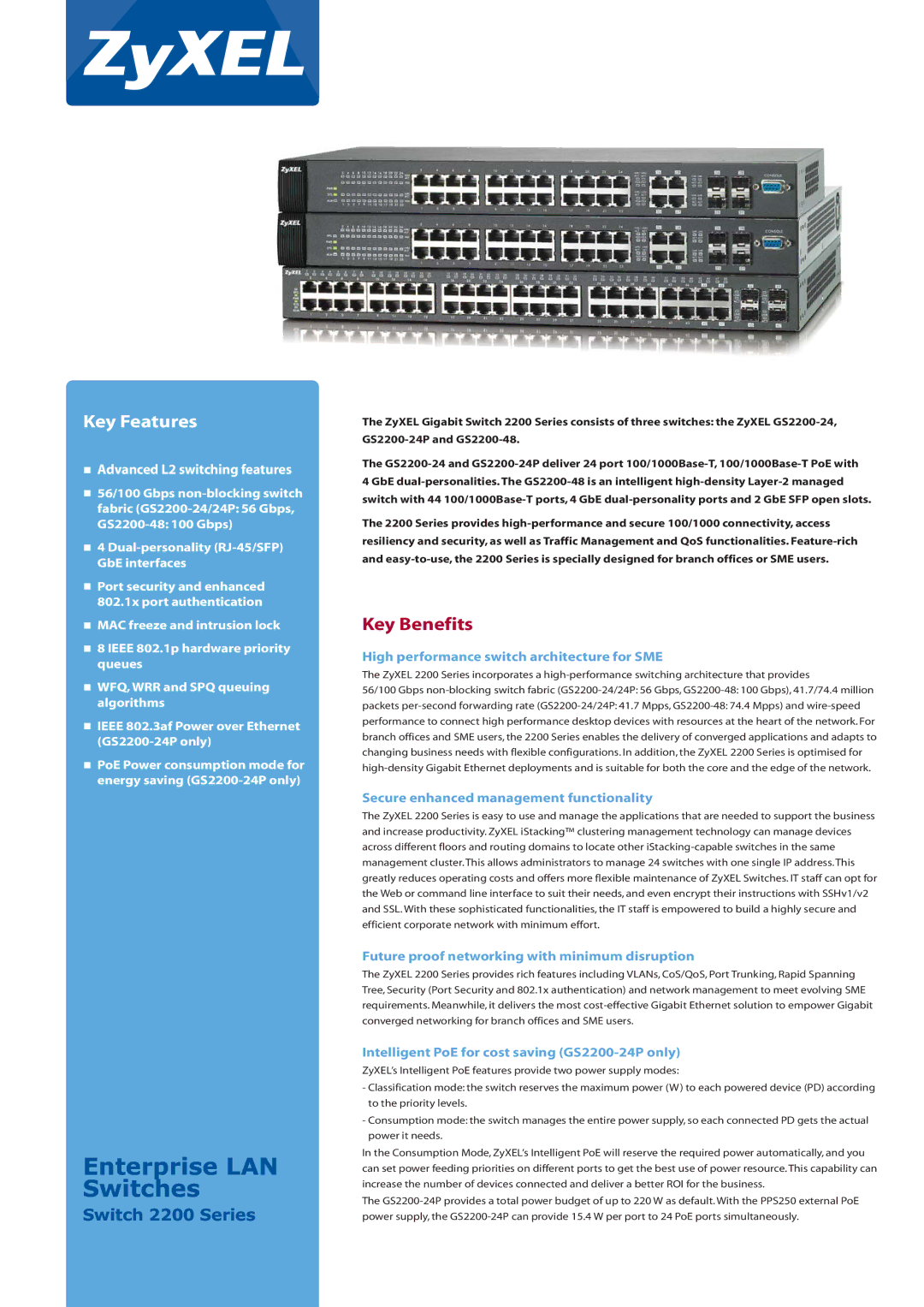 ZyXEL Communications gs2200-48, GS2200-24P manual Key Benefits, High performance switch architecture for SME 