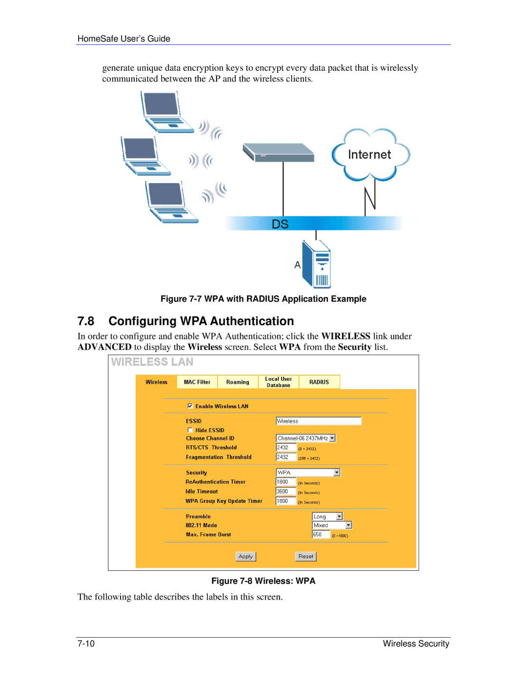 ZyXEL Communications HS100/HS100W manual Configuring WPA Authentication, WPA with Radius Application Example 