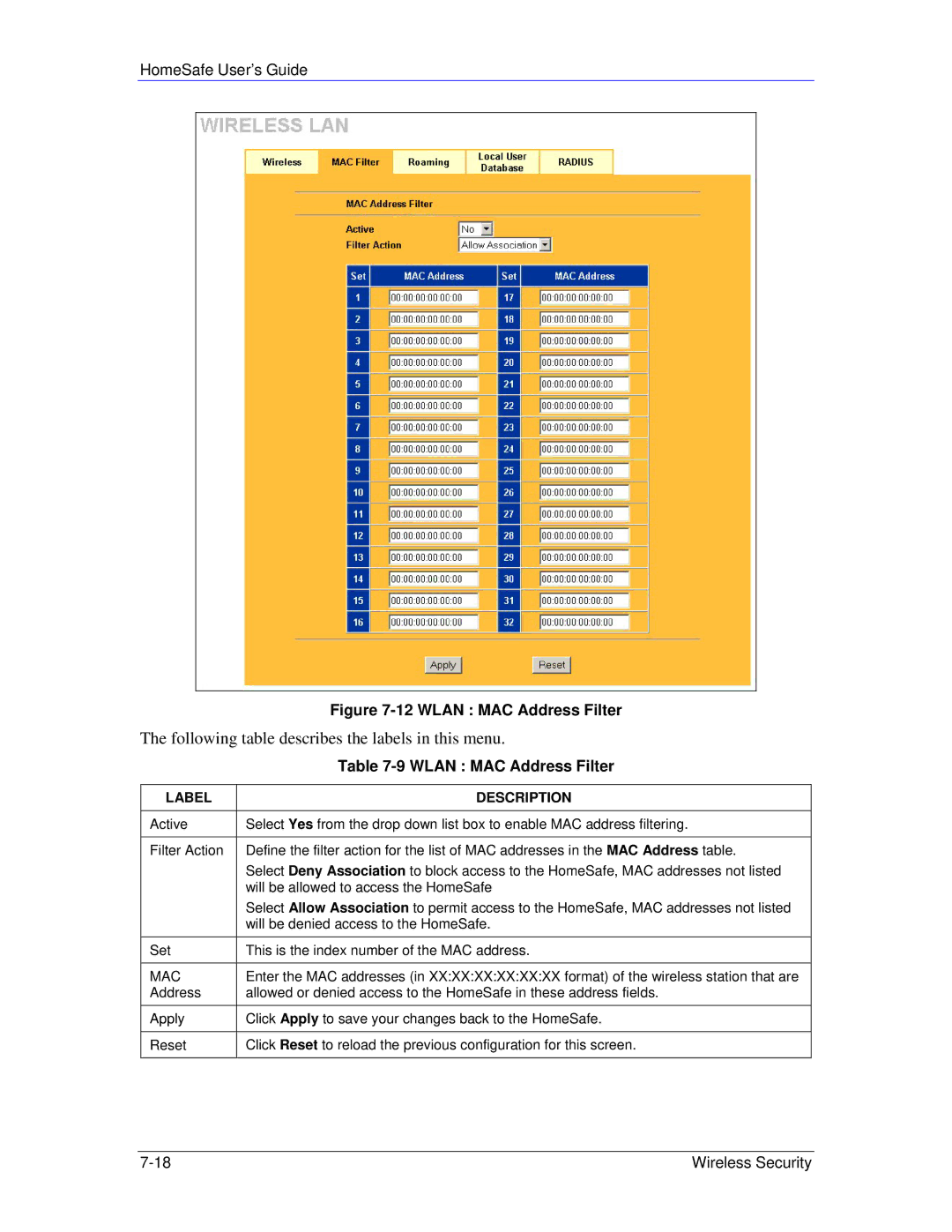 ZyXEL Communications HS100/HS100W manual Following table describes the labels in this menu, Wlan MAC Address Filter, Mac 