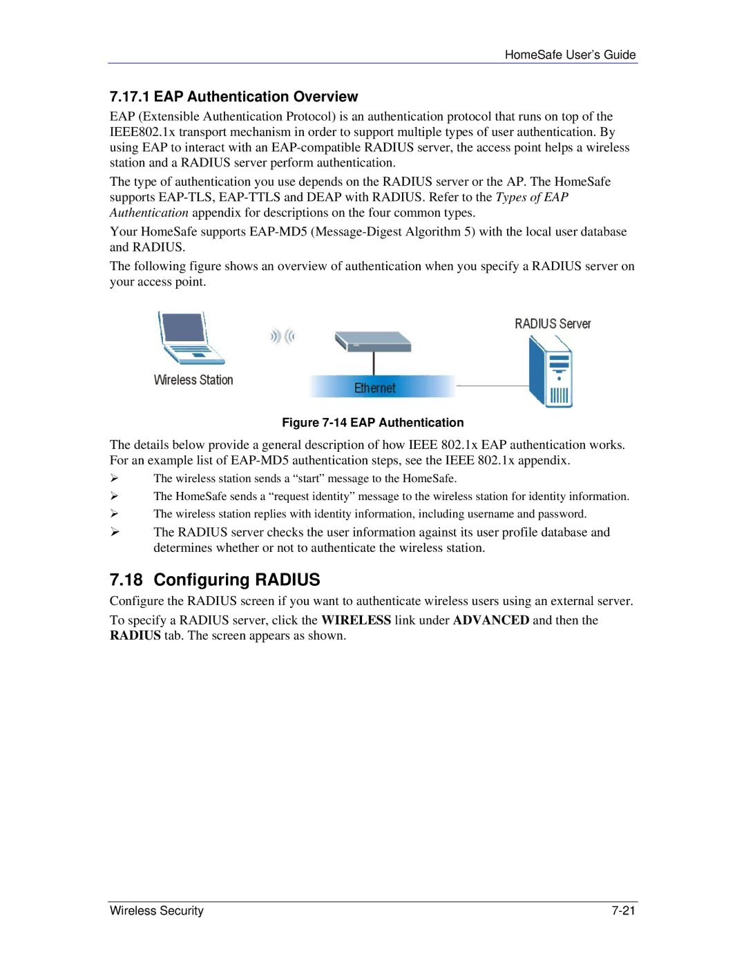 ZyXEL Communications HS100/HS100W manual Configuring Radius, EAP Authentication Overview 