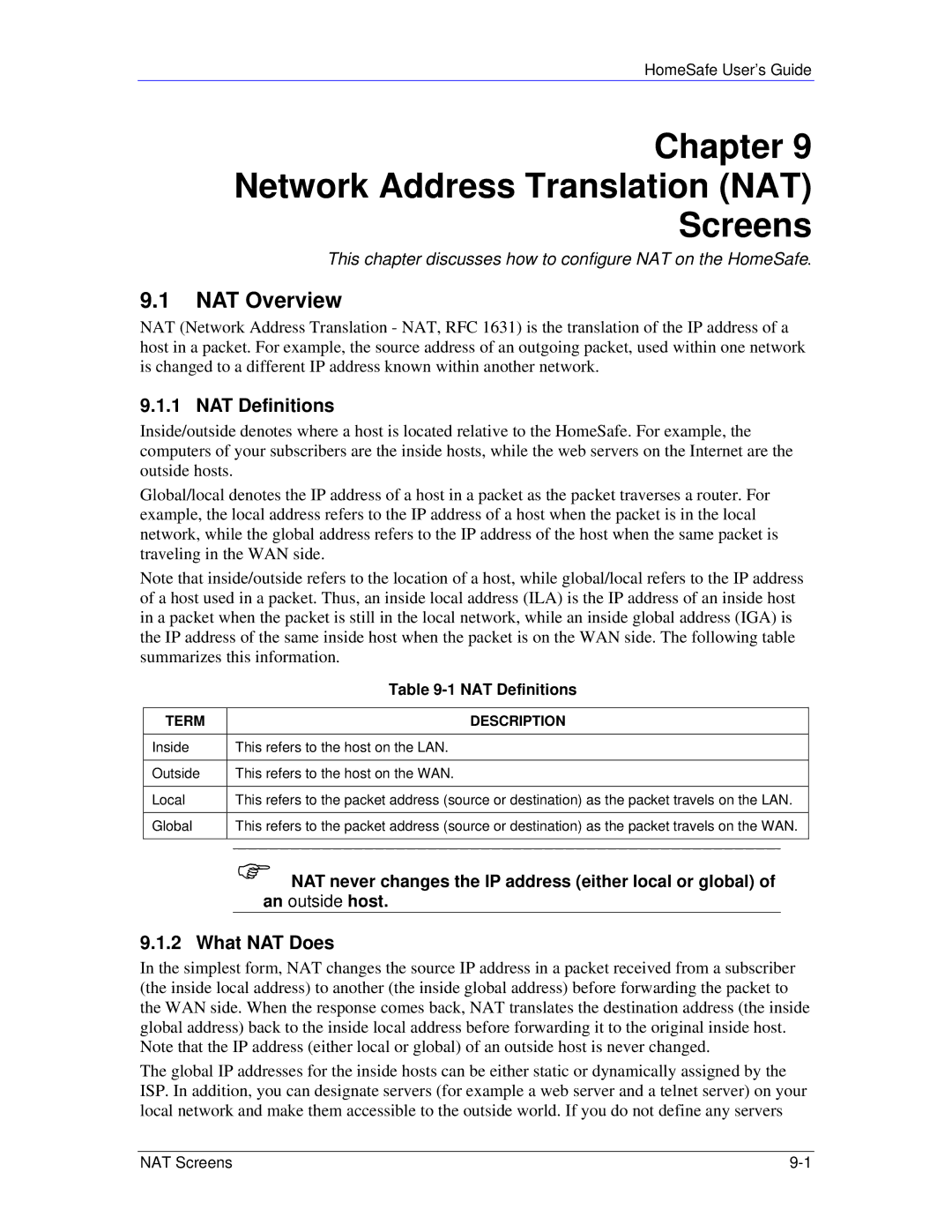 ZyXEL Communications HS100/HS100W manual Chapter Network Address Translation NAT Screens, NAT Overview, NAT Definitions 