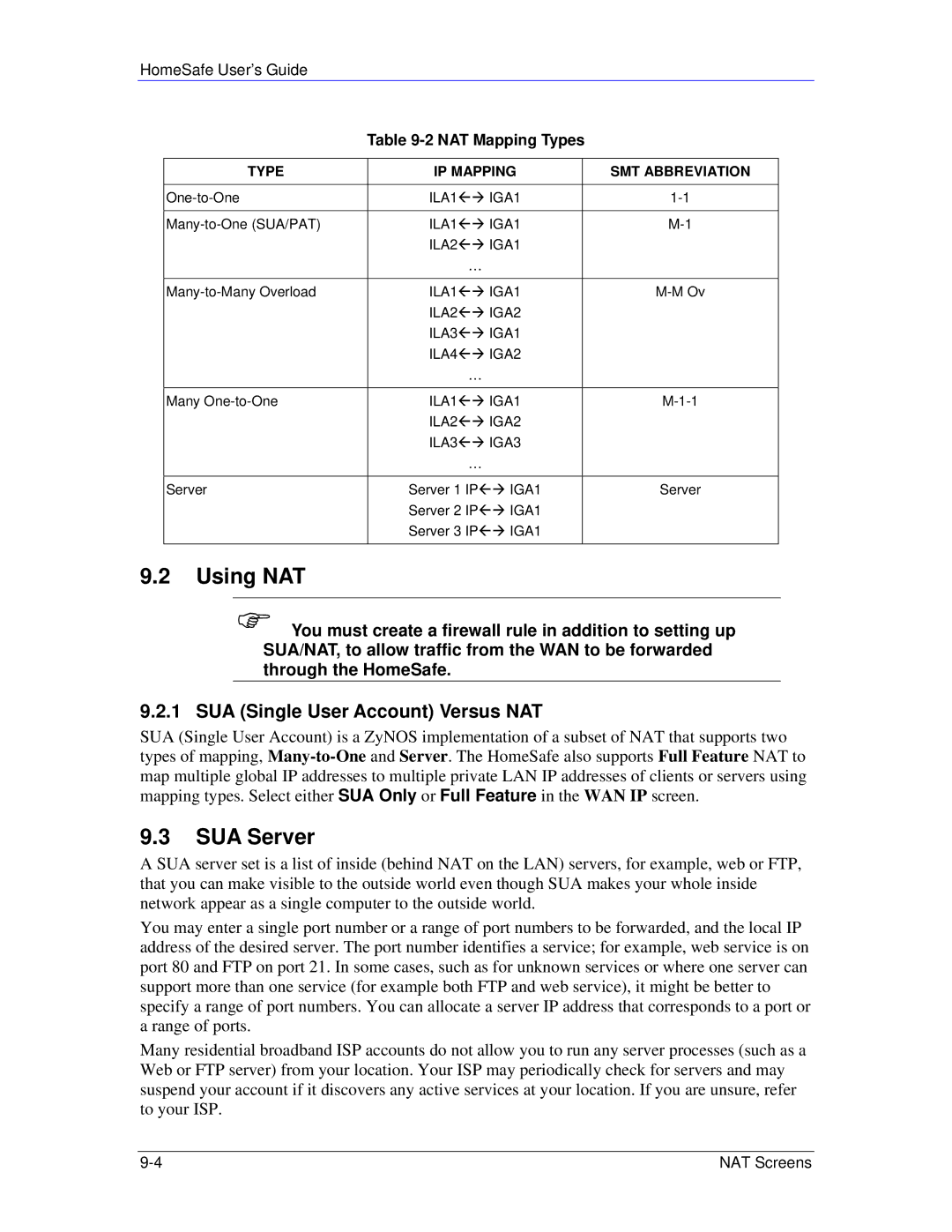 ZyXEL Communications HS100/HS100W manual Using NAT, SUA Server, SUA Single User Account Versus NAT, NAT Mapping Types 