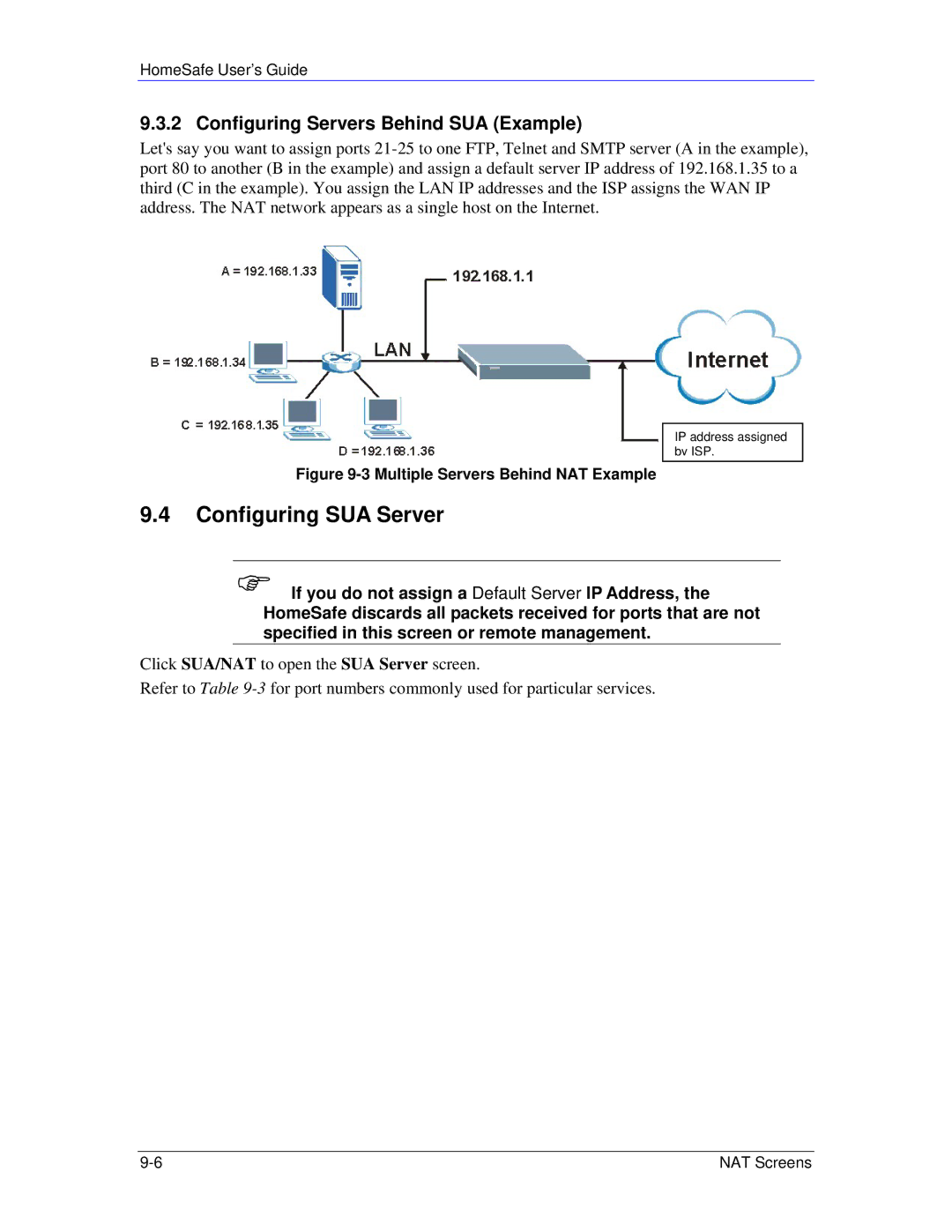 ZyXEL Communications HS100/HS100W manual Configuring SUA Server, Configuring Servers Behind SUA Example 