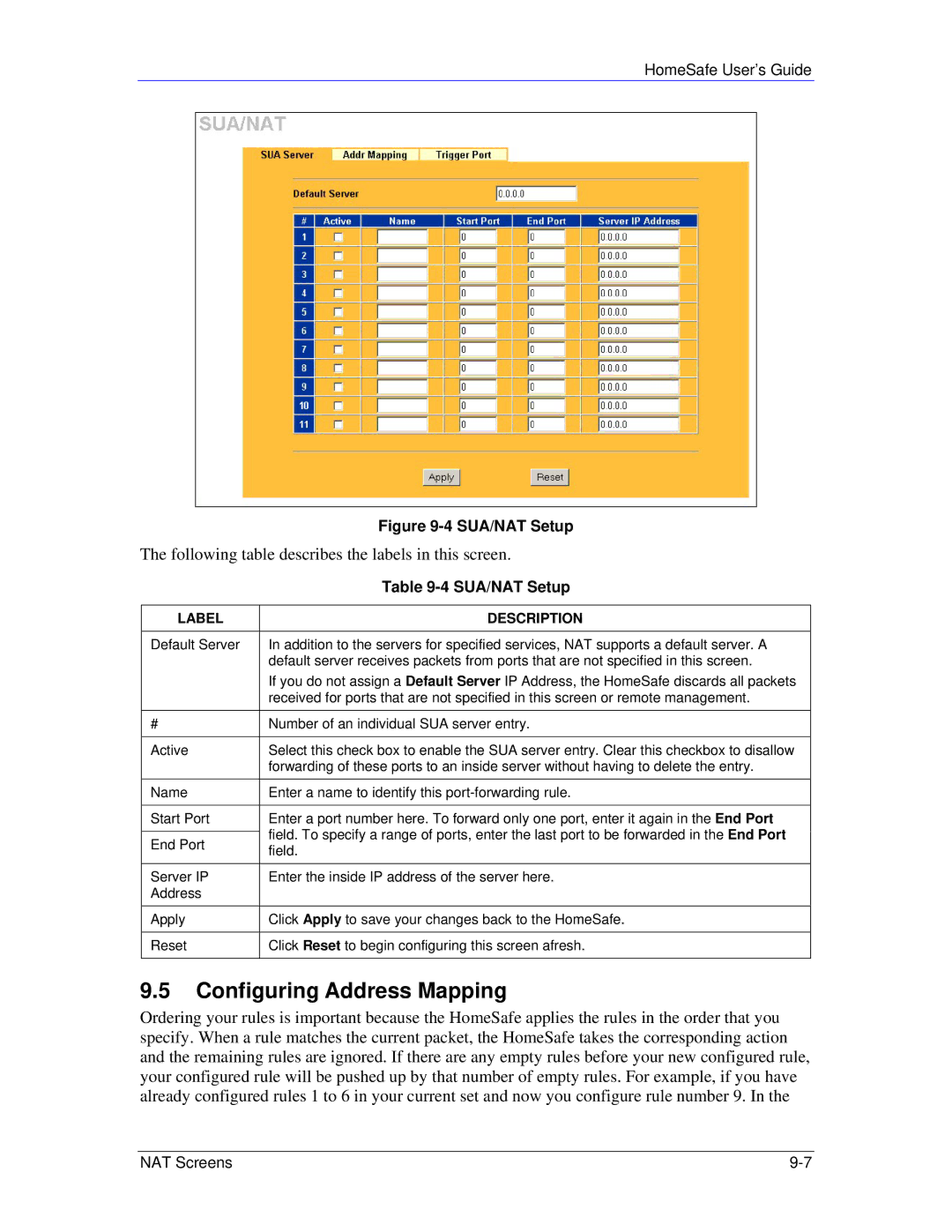 ZyXEL Communications HS100/HS100W manual Configuring Address Mapping, SUA/NAT Setup 