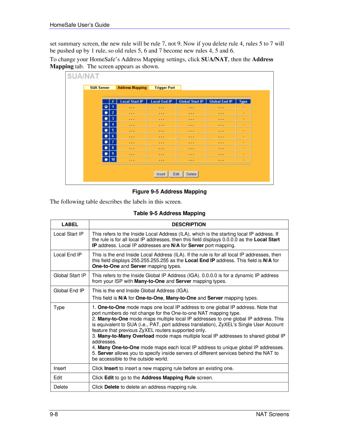 ZyXEL Communications HS100/HS100W manual Address Mapping, One-to-One and Server mapping types 