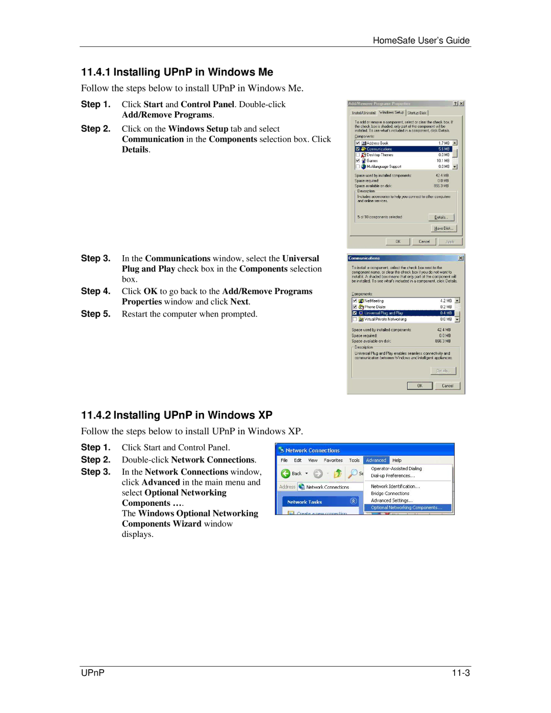 ZyXEL Communications HS100/HS100W manual Installing UPnP in Windows Me, Installing UPnP in Windows XP 