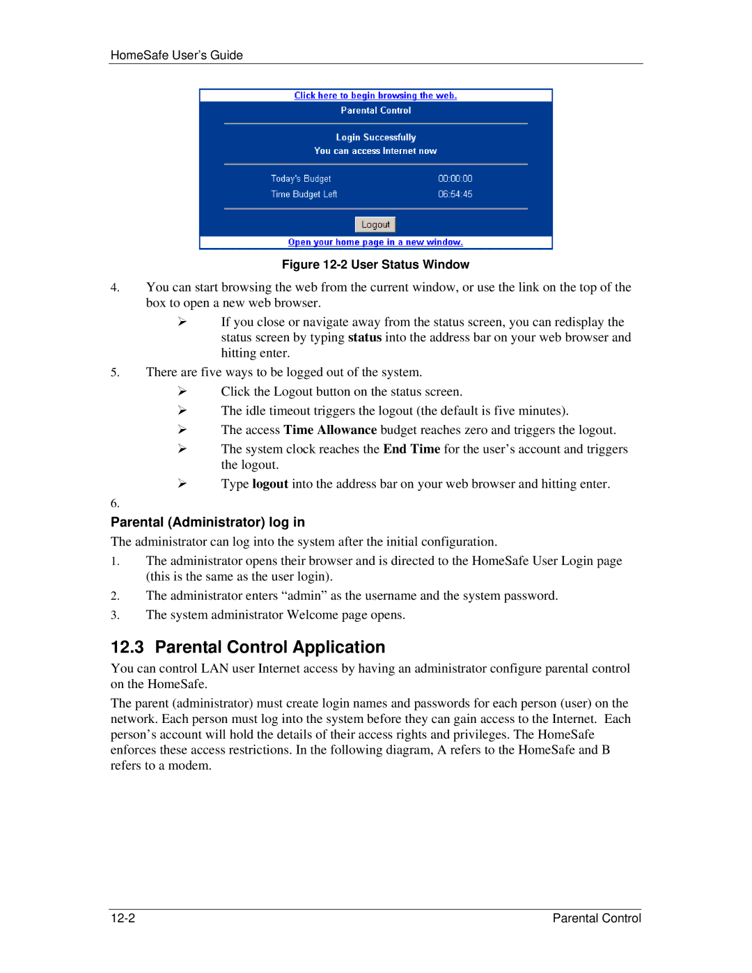 ZyXEL Communications HS100/HS100W manual Parental Control Application, Parental Administrator log 