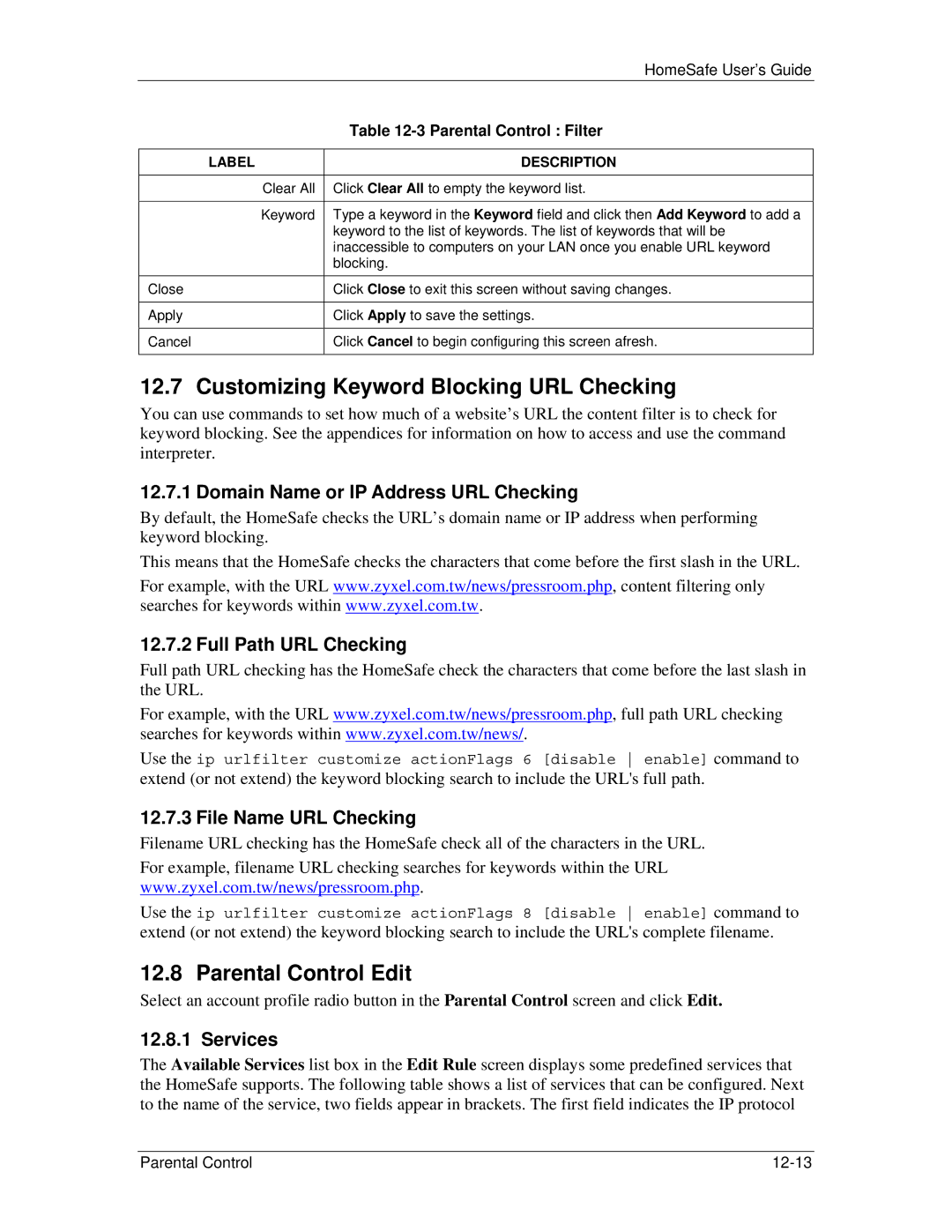 ZyXEL Communications HS100/HS100W manual Customizing Keyword Blocking URL Checking, Parental Control Edit 