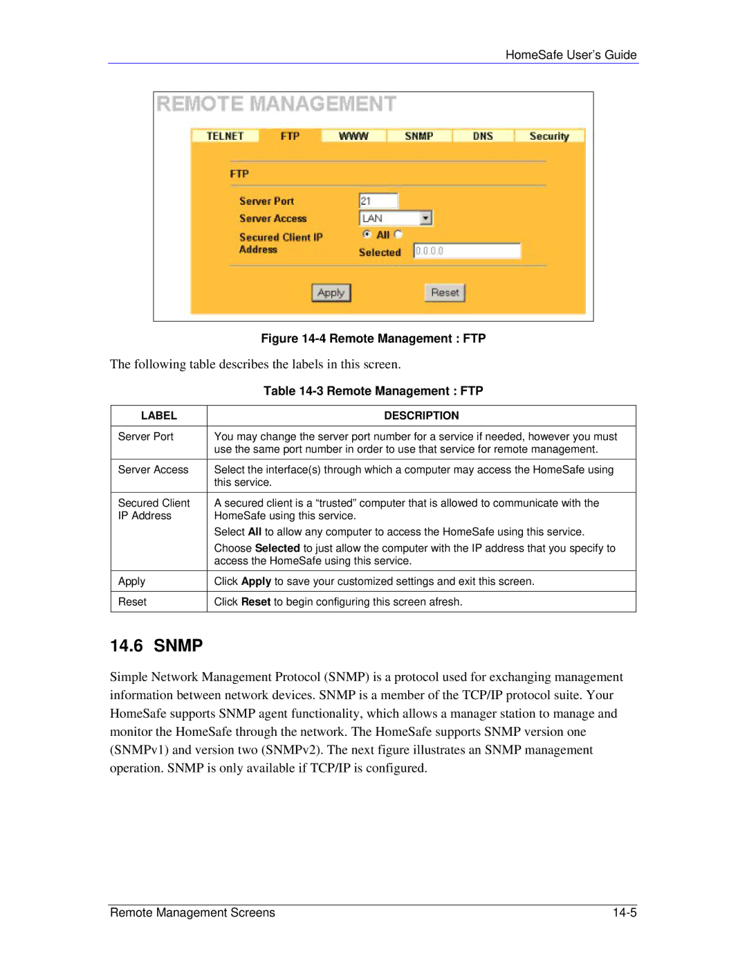 ZyXEL Communications HS100/HS100W manual Snmp, Remote Management FTP 