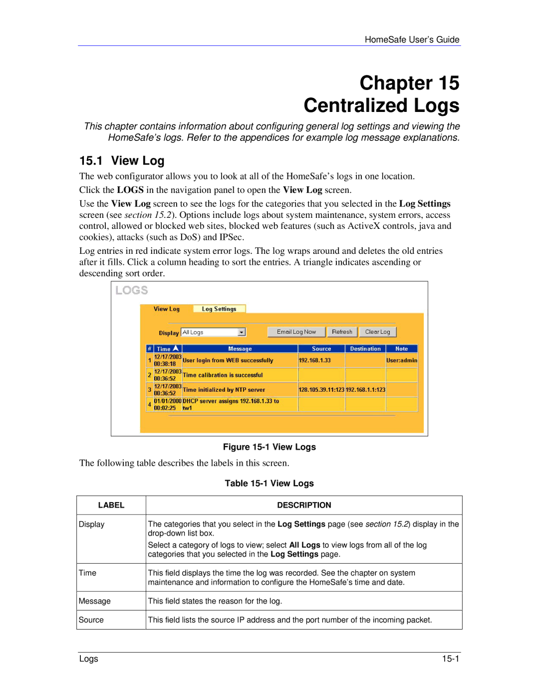 ZyXEL Communications HS100/HS100W manual Chapter Centralized Logs, View Log 