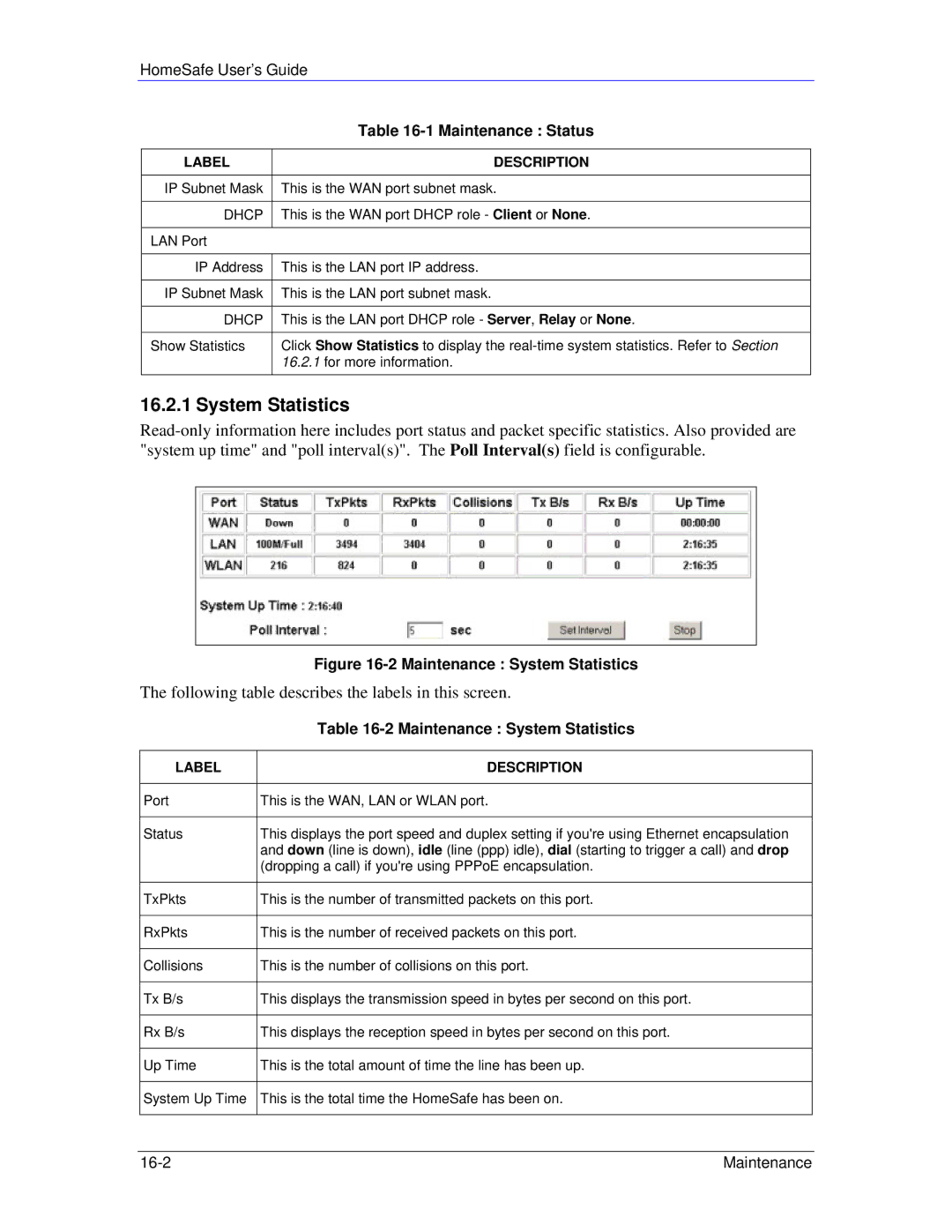 ZyXEL Communications HS100/HS100W manual Maintenance System Statistics 