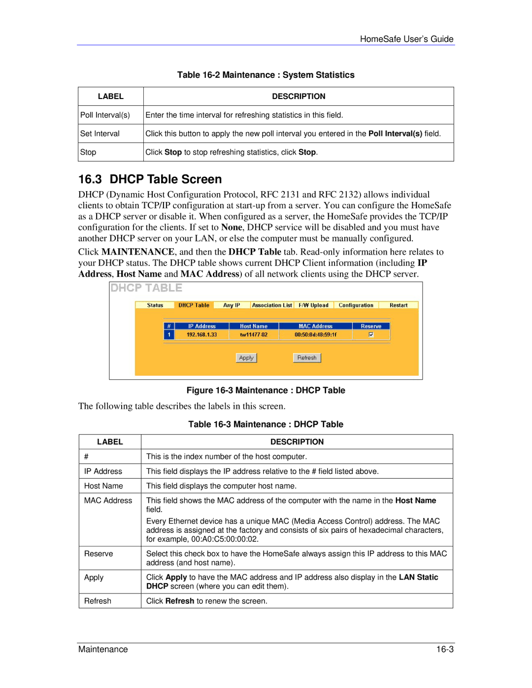 ZyXEL Communications HS100/HS100W manual Dhcp Table Screen, Maintenance Dhcp Table 