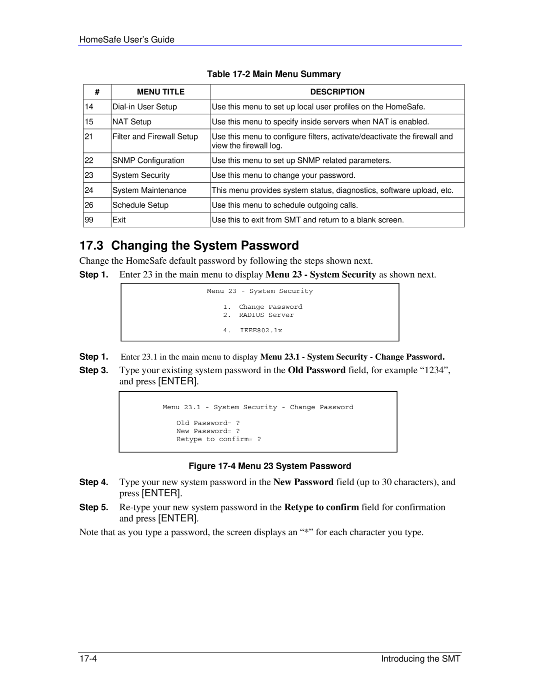 ZyXEL Communications HS100/HS100W manual Changing the System Password, Menu 23 System Password 