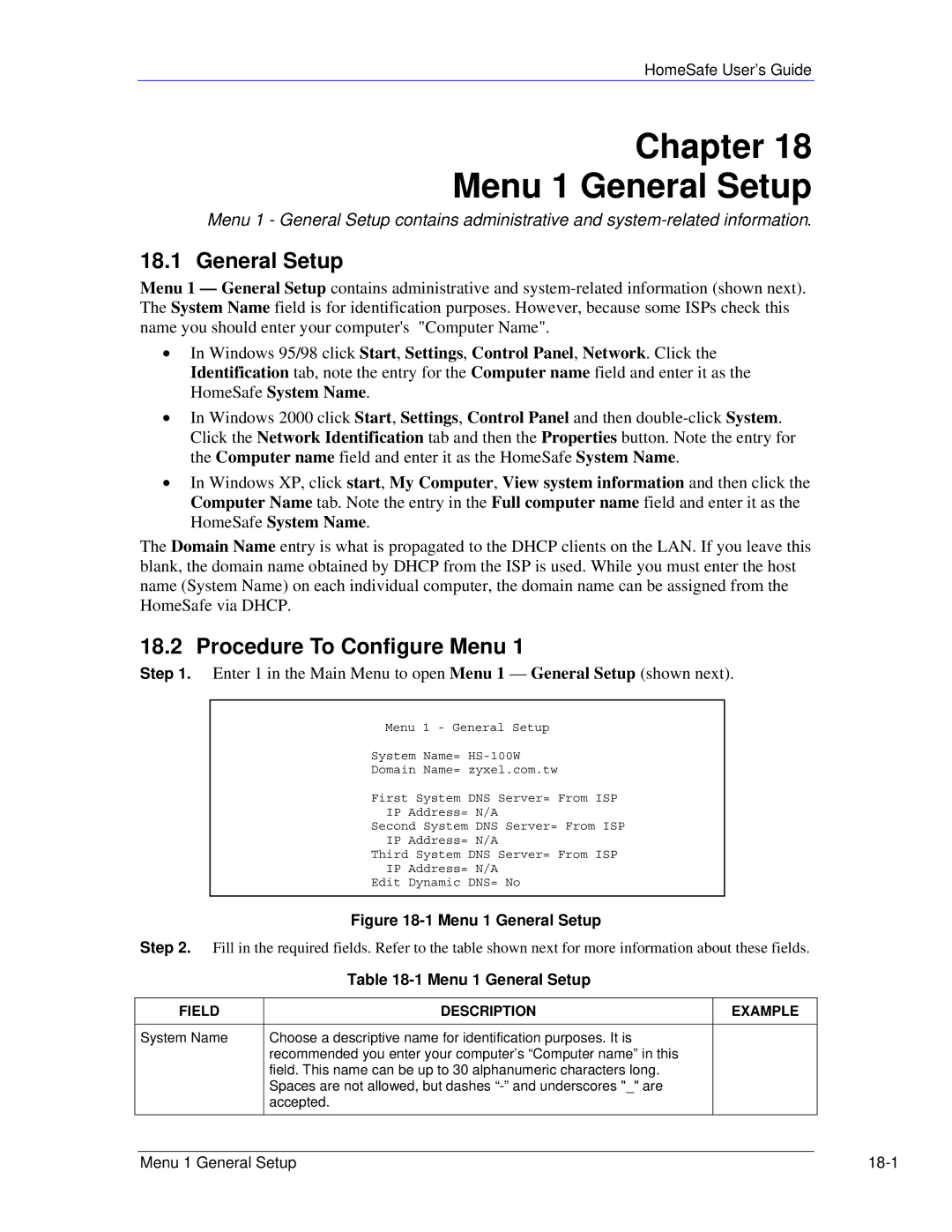 ZyXEL Communications HS100/HS100W Chapter Menu 1 General Setup, Procedure To Configure Menu, Field Description Example 