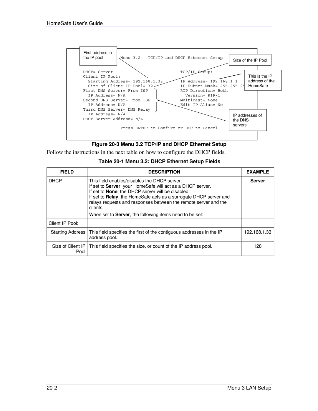 ZyXEL Communications HS100/HS100W manual Menu 3.2 TCP/IP and Dhcp Ethernet Setup, Menu 3.2 Dhcp Ethernet Setup Fields 