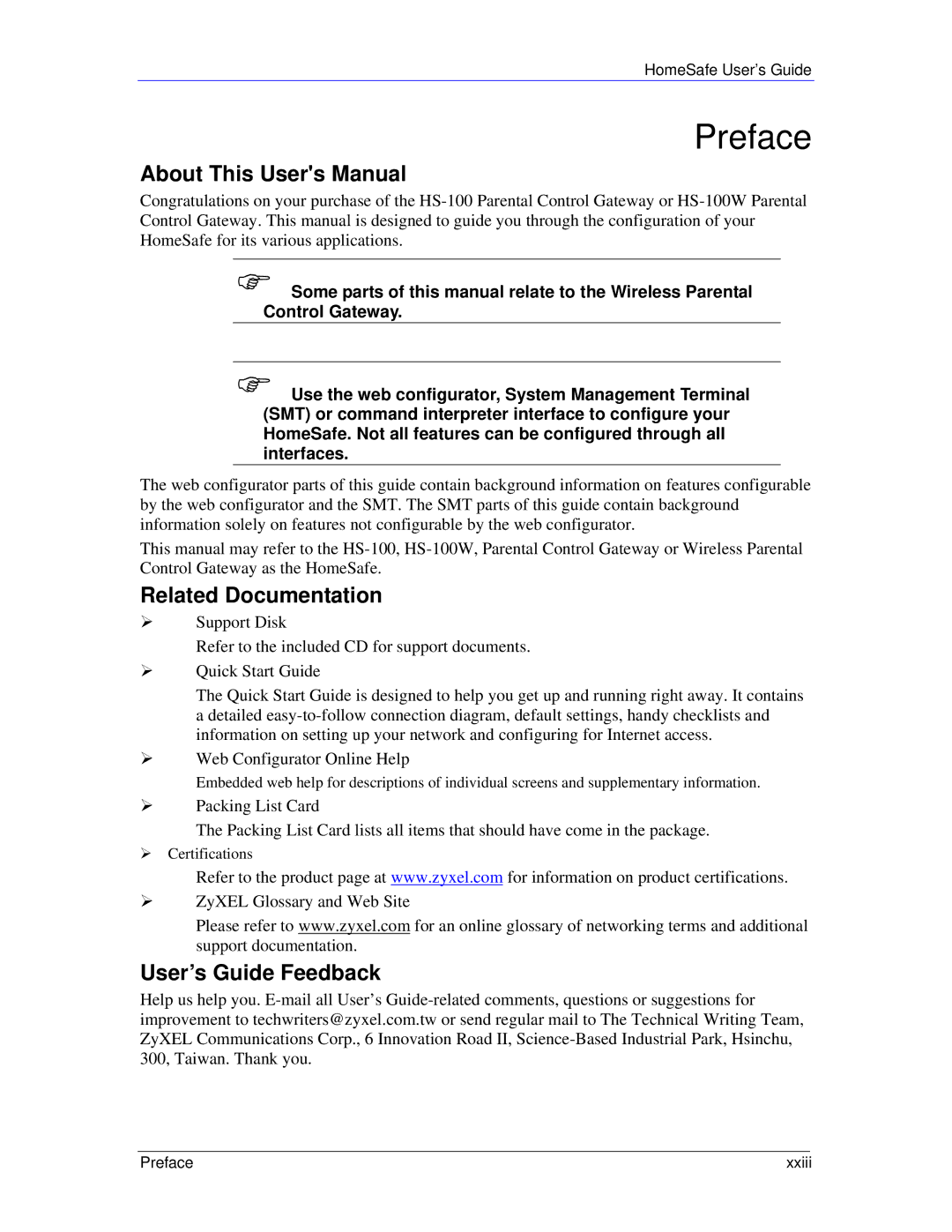 ZyXEL Communications HS100/HS100W manual Related Documentation, User’s Guide Feedback, ¾ ZyXEL Glossary and Web Site 