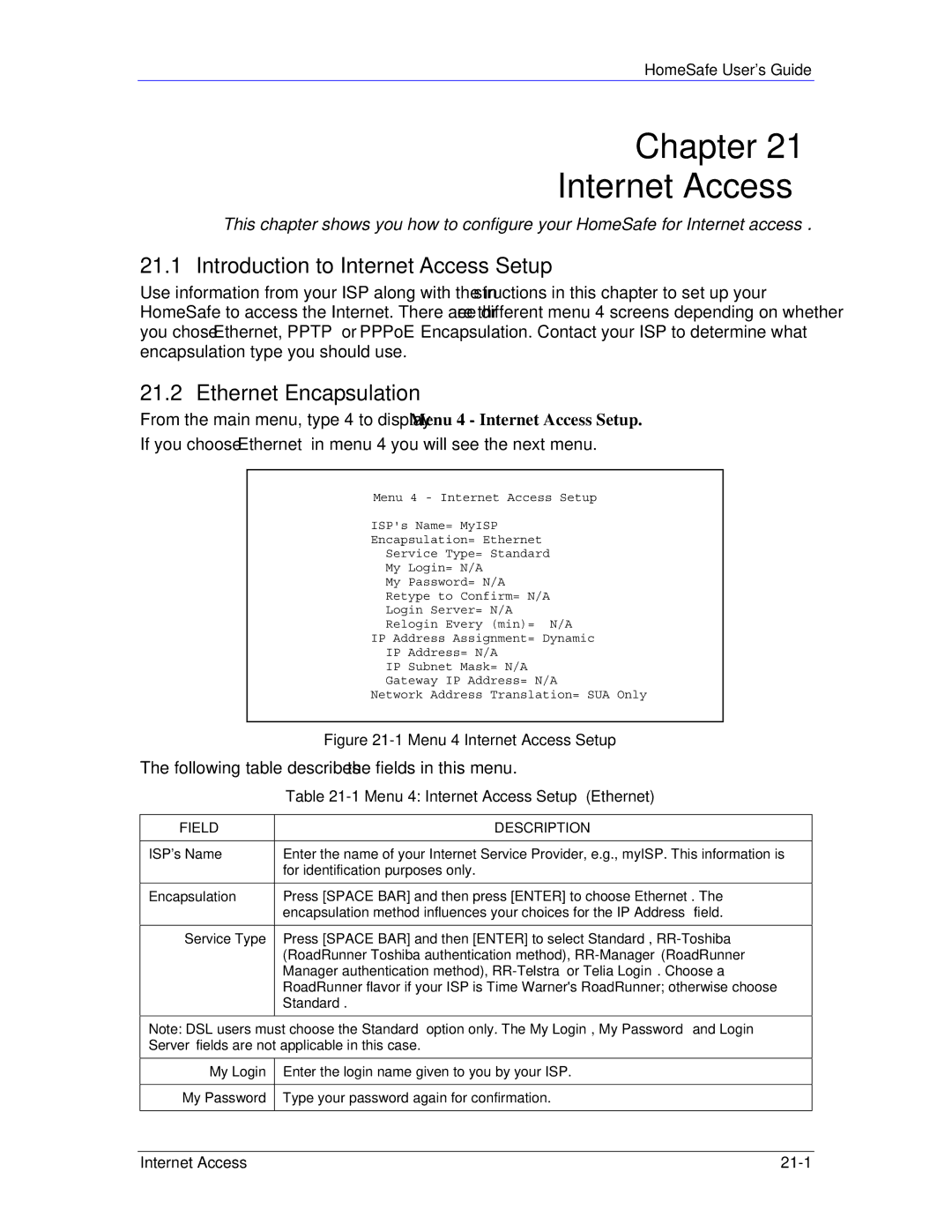 ZyXEL Communications HS100/HS100W Chapter Internet Access, Introduction to Internet Access Setup, Ethernet Encapsulation 