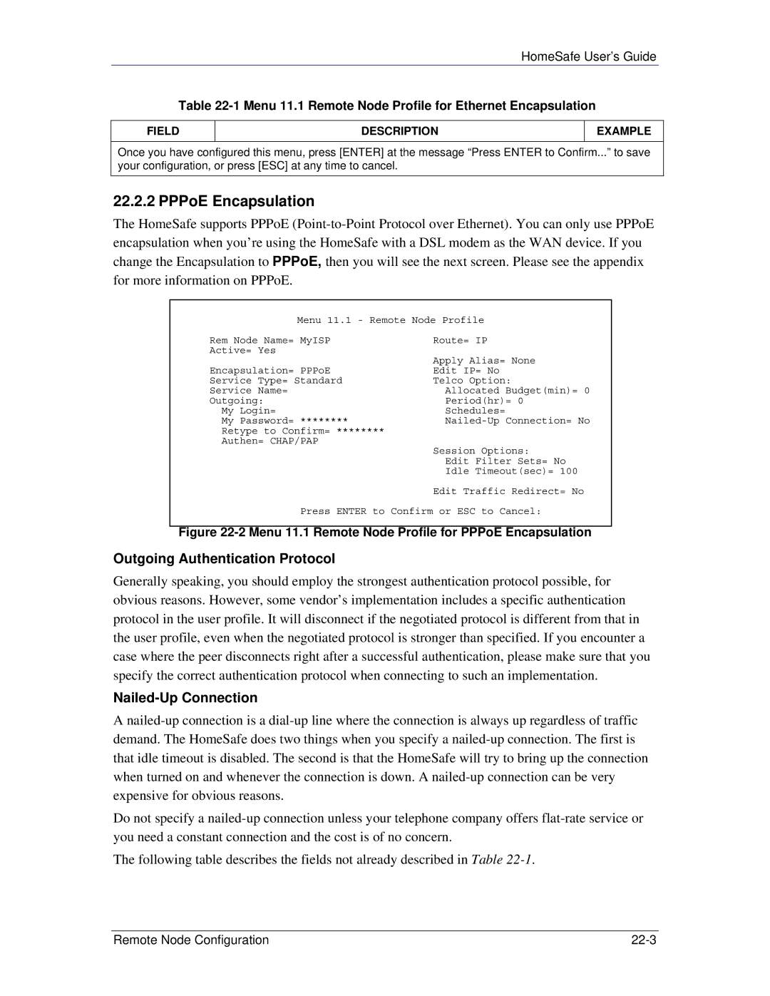 ZyXEL Communications HS100/HS100W manual Outgoing Authentication Protocol, Nailed-Up Connection 