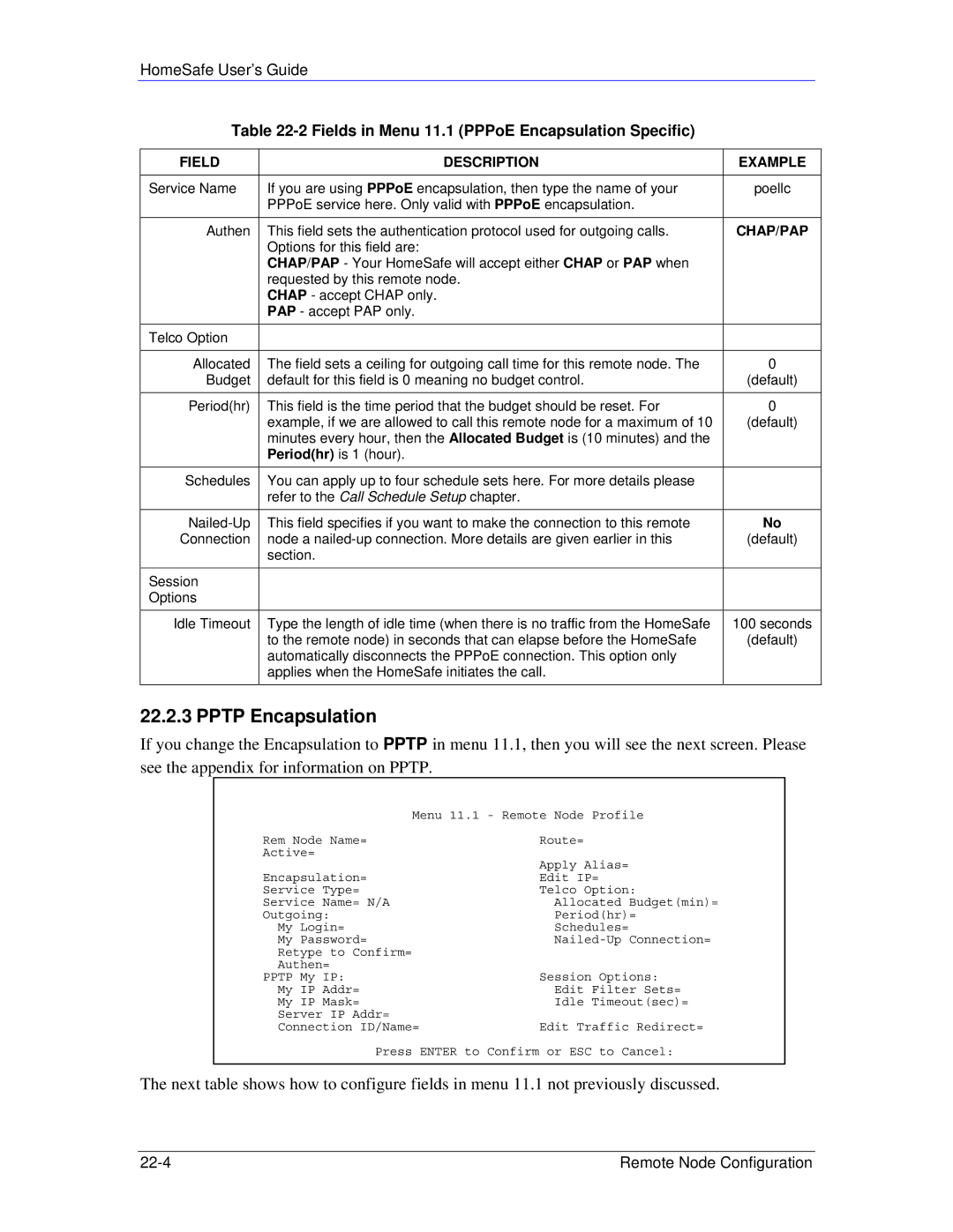 ZyXEL Communications HS100/HS100W manual Fields in Menu 11.1 PPPoE Encapsulation Specific, Chap/Pap 