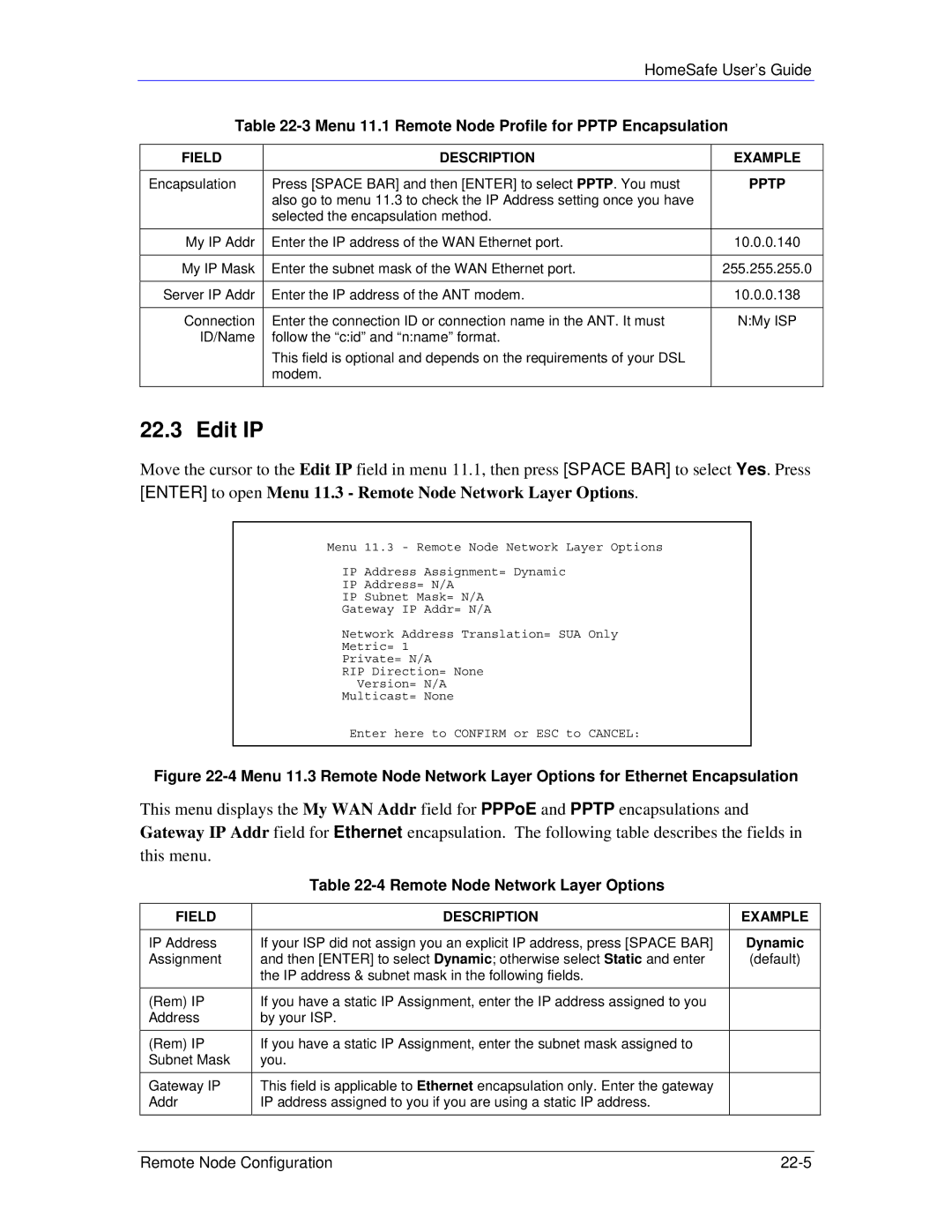 ZyXEL Communications HS100/HS100W manual Edit IP, Menu 11.1 Remote Node Profile for Pptp Encapsulation, Dynamic 