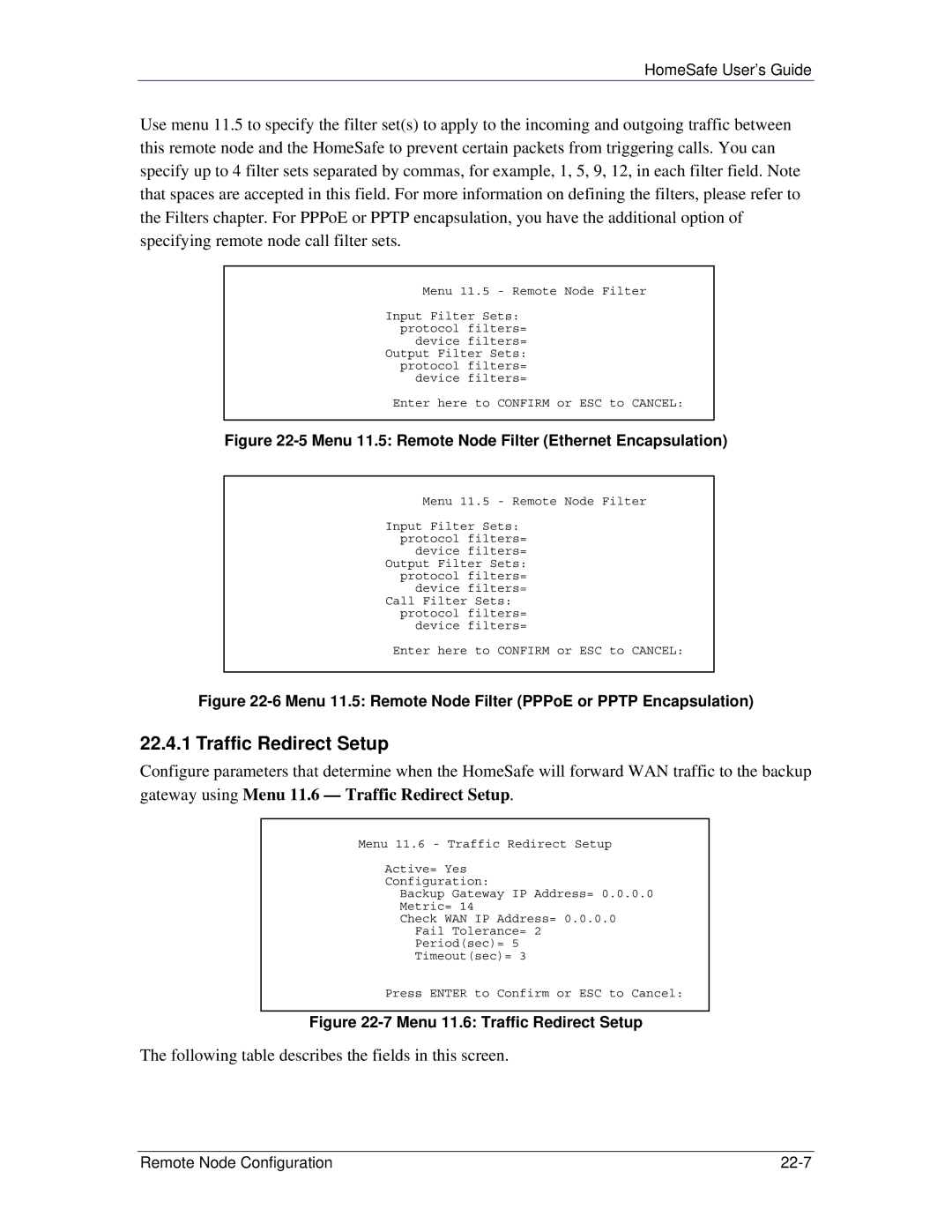 ZyXEL Communications HS100/HS100W manual Traffic Redirect Setup, Menu 11.5 Remote Node Filter Ethernet Encapsulation 