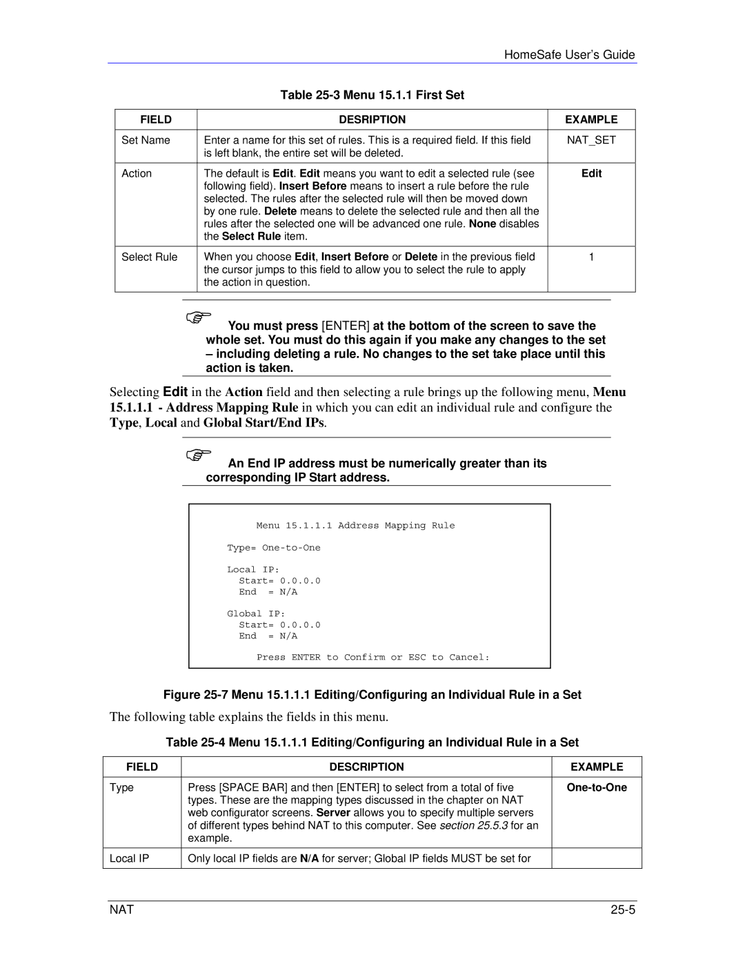 ZyXEL Communications HS100/HS100W Menu 15.1.1 First Set, Field Desription Example, Edit, Select Rule item, One-to-One 