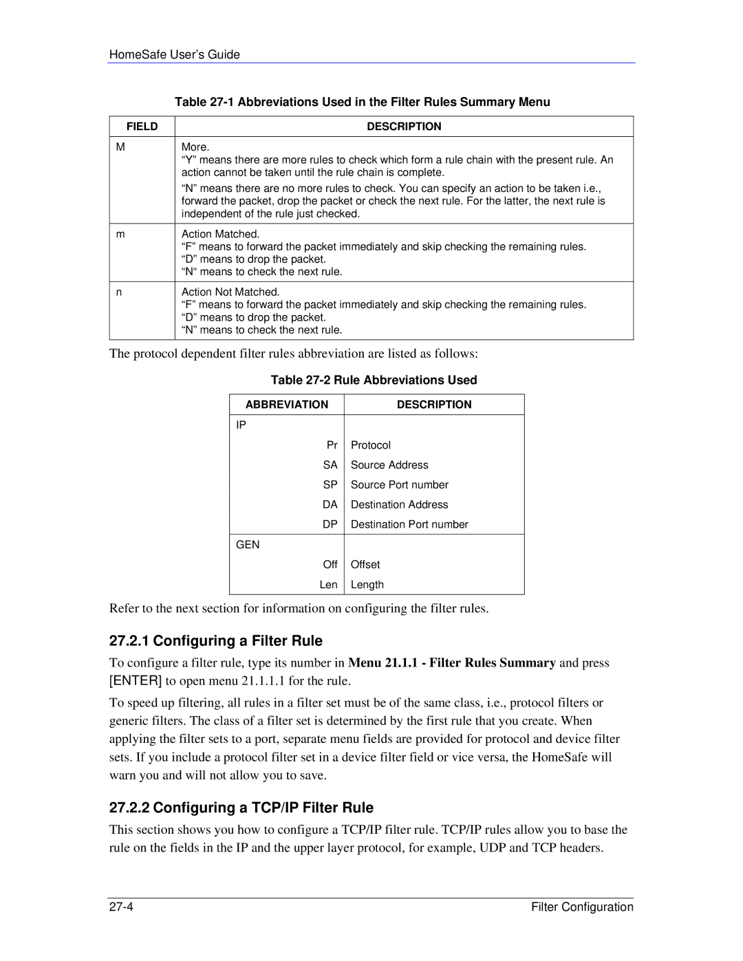 ZyXEL Communications HS100/HS100W Configuring a Filter Rule, Configuring a TCP/IP Filter Rule, Rule Abbreviations Used 