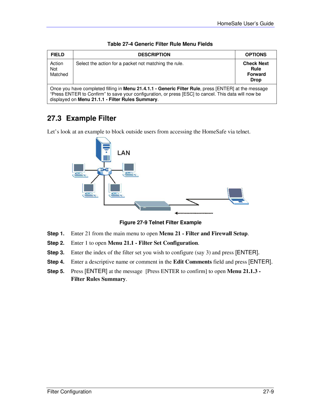 ZyXEL Communications HS100/HS100W manual Example Filter, HomeSafe User’s Guide Generic Filter Rule Menu Fields 