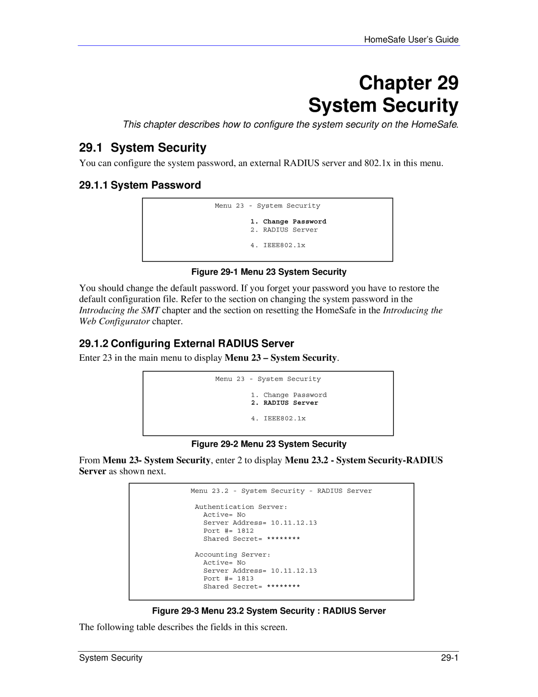 ZyXEL Communications HS100/HS100W manual Chapter System Security, System Password, Configuring External Radius Server 