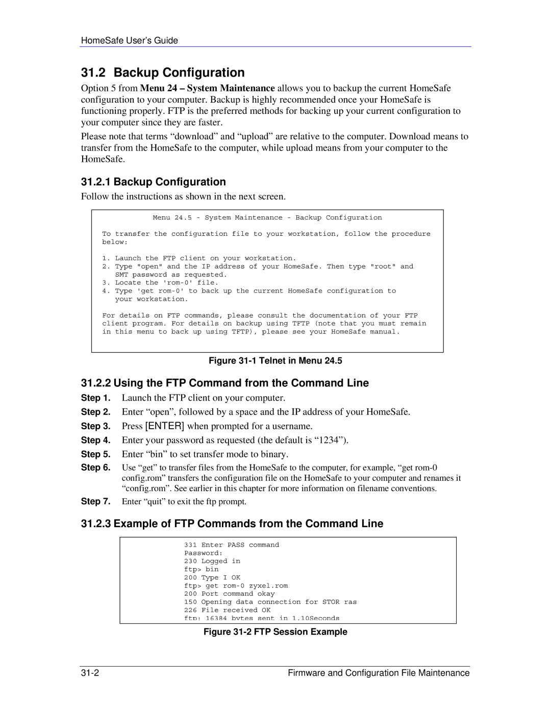 ZyXEL Communications HS100/HS100W manual Backup Configuration, Using the FTP Command from the Command Line 