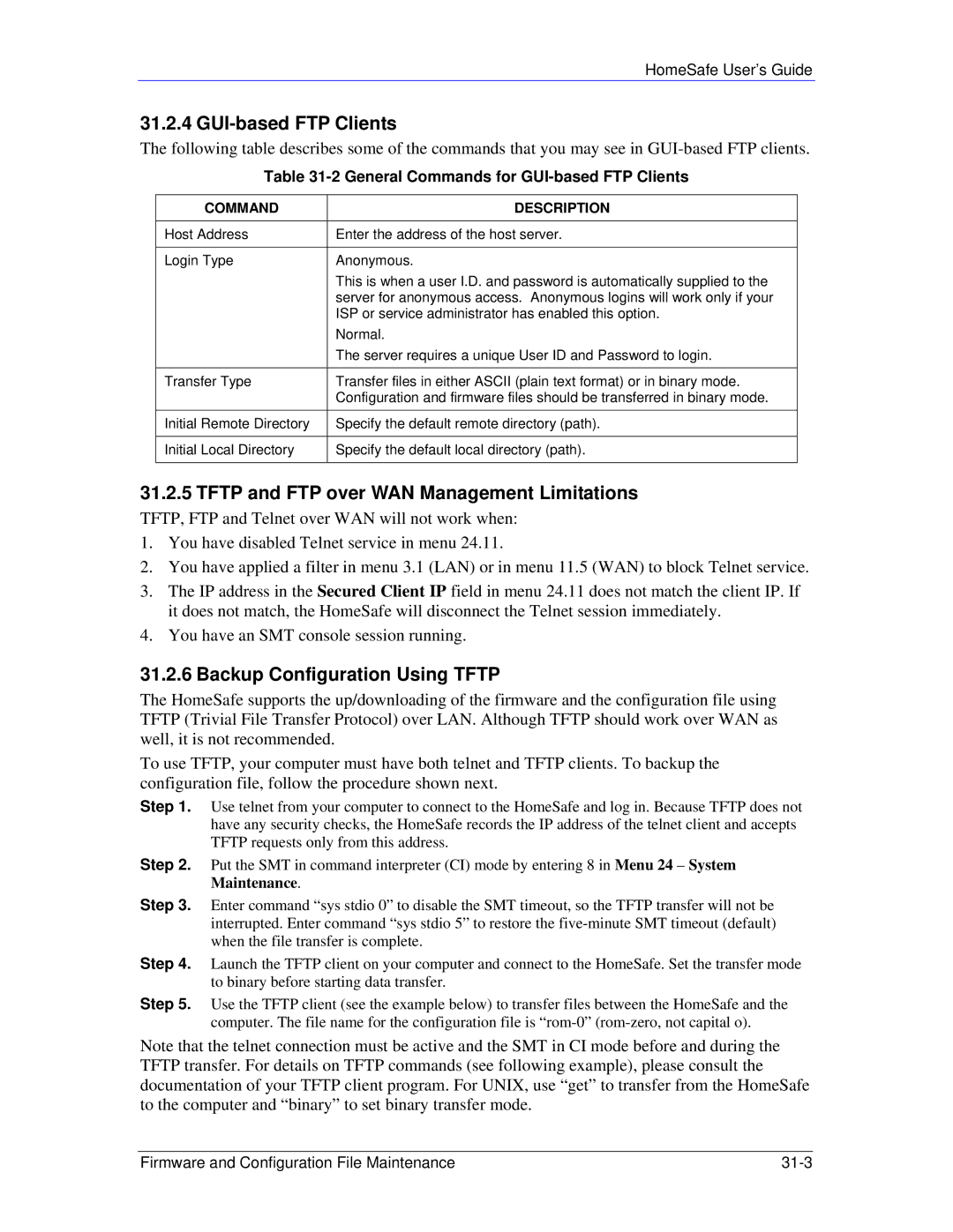 ZyXEL Communications HS100/HS100W GUI-based FTP Clients, Tftp and FTP over WAN Management Limitations, Command Description 