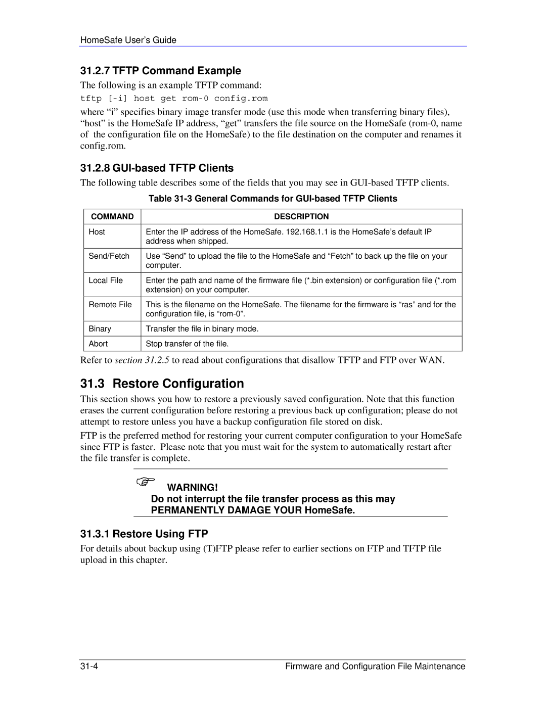 ZyXEL Communications HS100/HS100W Restore Configuration, Tftp Command Example, GUI-based Tftp Clients, Restore Using FTP 