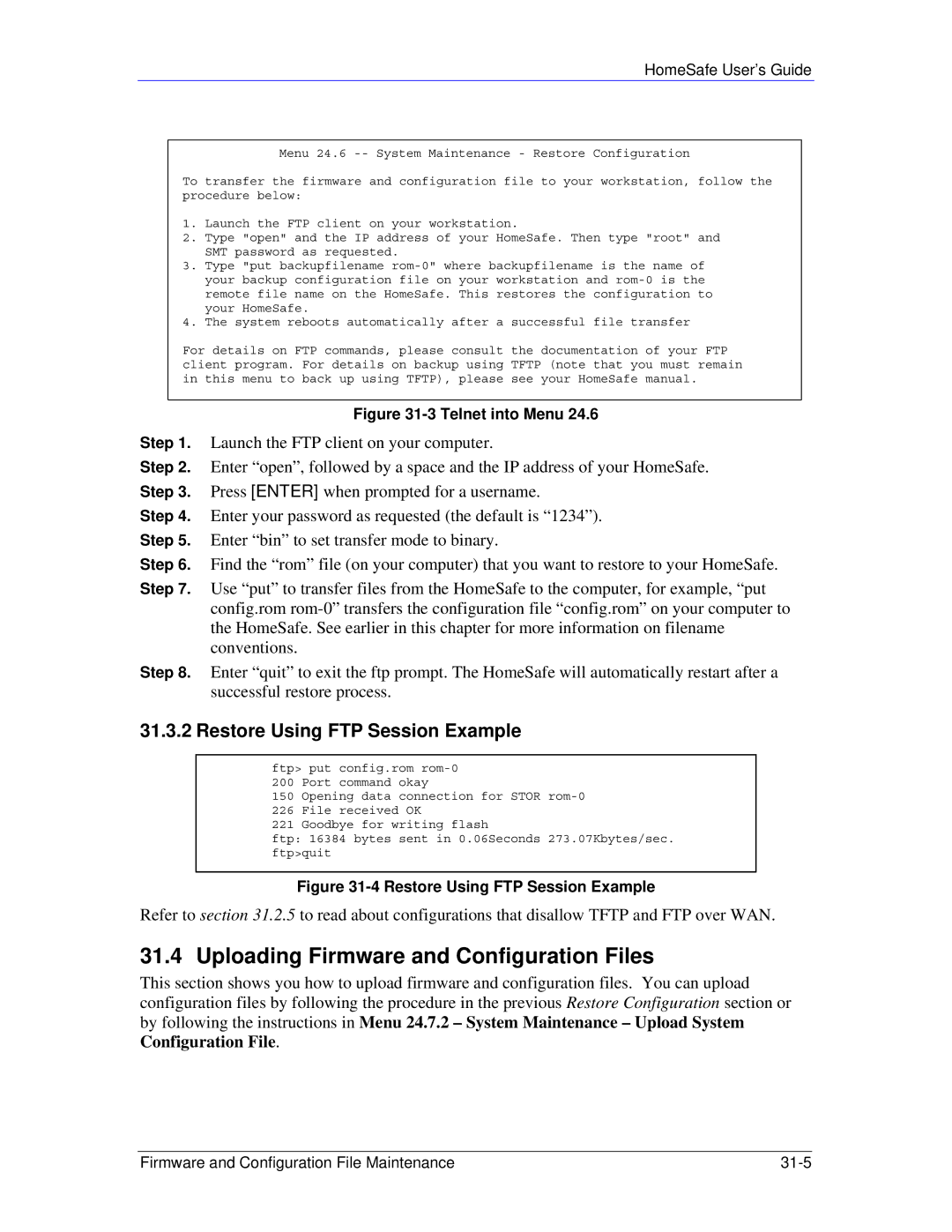 ZyXEL Communications HS100/HS100W manual Uploading Firmware and Configuration Files, Restore Using FTP Session Example 