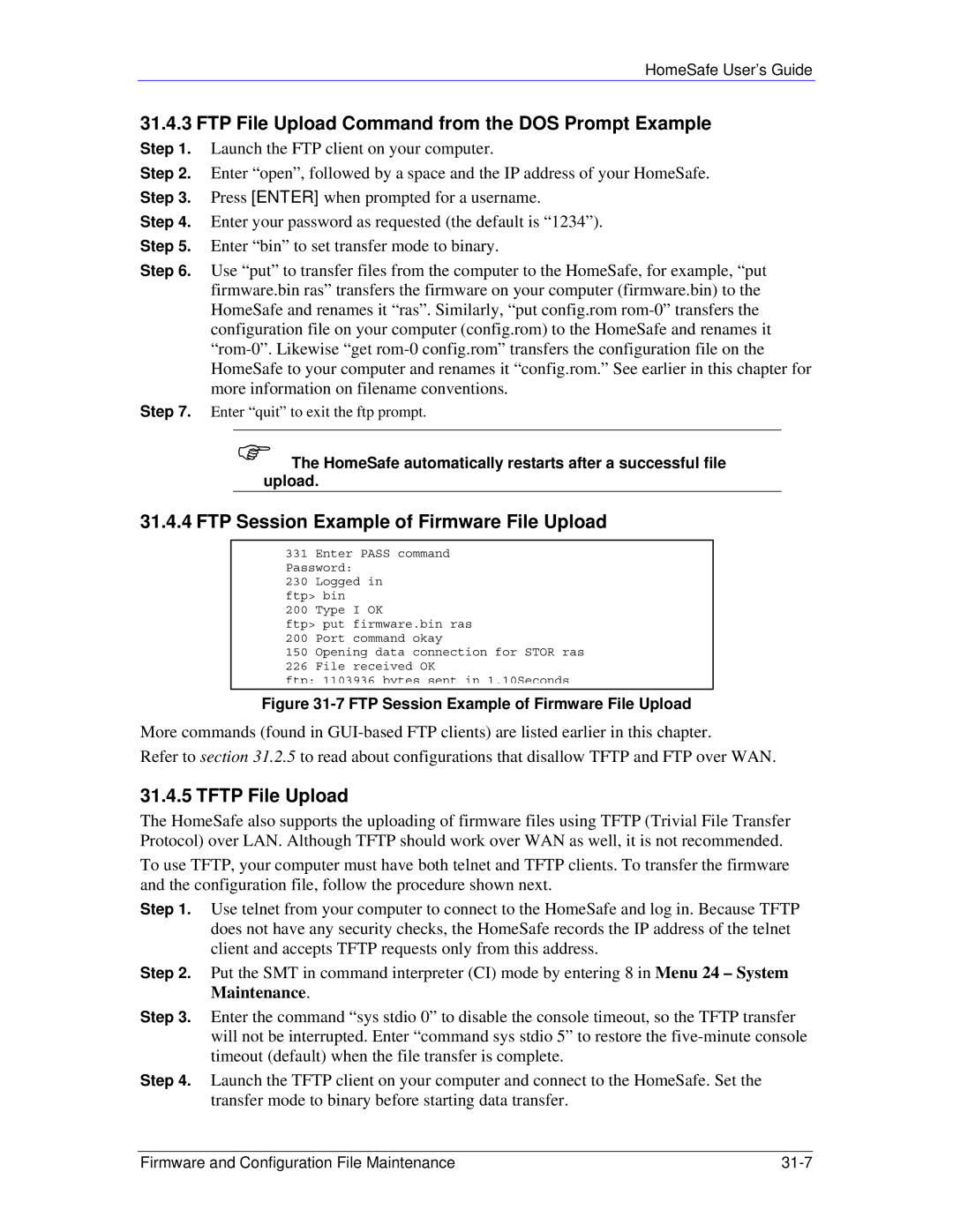 ZyXEL Communications HS100/HS100W manual FTP File Upload Command from the DOS Prompt Example, Tftp File Upload 