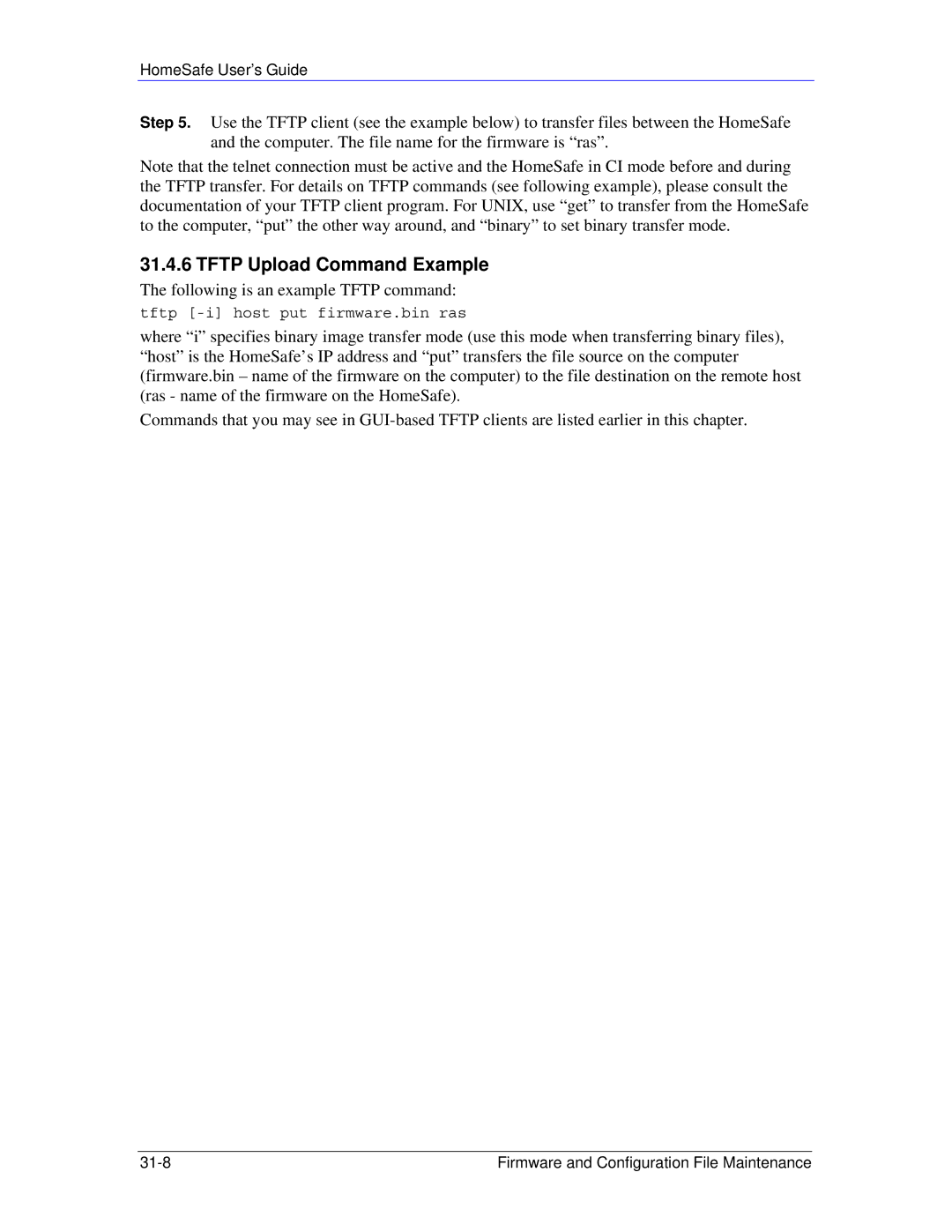 ZyXEL Communications HS100/HS100W manual Tftp Upload Command Example, Following is an example Tftp command 