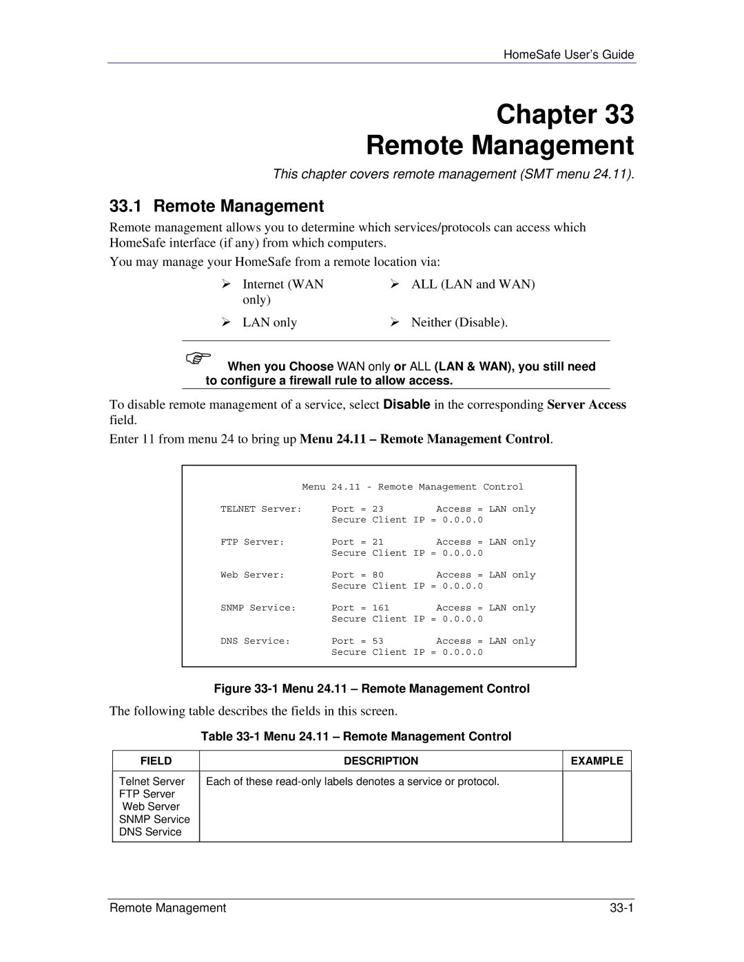 ZyXEL Communications HS100/HS100W manual Chapter Remote Management 