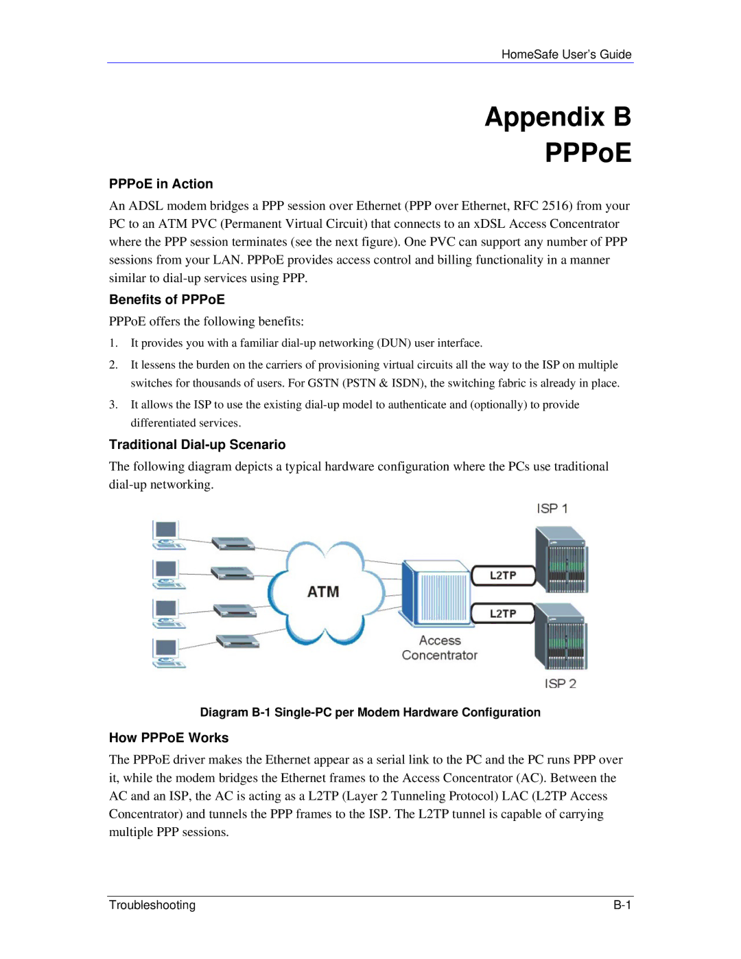 ZyXEL Communications HS100/HS100W manual Appendix B PPPoE, PPPoE in Action, Benefits of PPPoE, Traditional Dial-up Scenario 