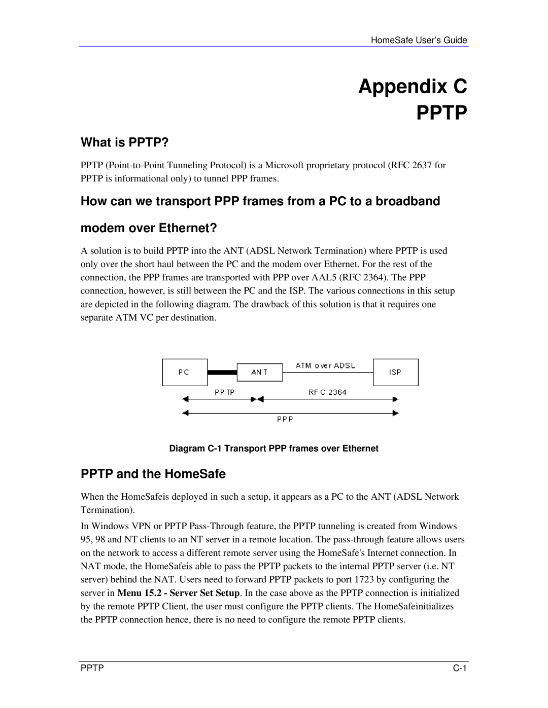 ZyXEL Communications HS100/HS100W manual Appendix C, What is PPTP?, Pptp and the HomeSafe 